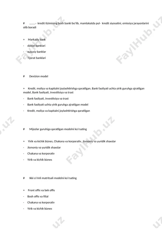mumiy ko’rsatkichlarni + moliyaviy operativ strategik ko’rsatkichlarni # reja ko’rsatkichlarni qanday usullar yordamida shakllantirish mumkin? + moliyaviy tahlil, marketing, byudjetlashtirish - byudjetlashtirish prognozlash - marketing moliyaviy tahlil funksional - marketing prognozlash va funksional # bank missiyasi bu… - bank mahsulotlari va xizmatlariga narx shakllantirilishi - bank muassislar tomonidan aniq miqdoriy ko’rsatkichlar bilan ifodalanishi - bank faoliyatining aniq miqdoriy ko’rsatkichlar bilan ifodalanishi + muassislar tamonidan aniq ifodalangan mavjudlik sababi. # korporativ boshqaruv bu... + tijorat banklari faoliyatini boshqarishda kengash a’zolari va rahbar xodimlar tomonidan amalga oshiriladigan asosiy faoliyat hamda qoidalar - jamoani boshqarish - xodimlarni birgalikdagi boshqaruvi - bank faodiyatni ko’pchilik bo’lib boshqarish tizimi # bank korporativ boshqarish tizimiga quyidagilar........kiradi + aksionerlar, kuzatuv kengashi, boshqaruv, taftish komissiyasi - aksionerlar, kuzatuv kengashi, taftish komissiyasi - kuzatuv kengashi, boshqaruv, taftish komissiyasi - aksionerlar, kuzatuv kengashi, boshqaruv # imtiyozli aksiyador qanday masala yuzasidan umumiy yig’ilishga ovoz berish huquqiga ega - mulk bo’linayotganda + bank …
