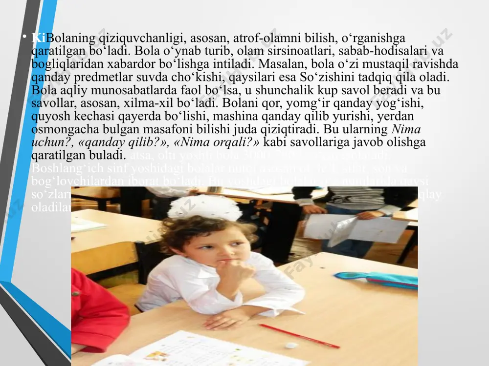 g asosiy hususiyatlari ixtiyoriy zaifligidadir. kichik maktab yoshida diqqatni iroda kuchi bilan moslash va uni boshqarish imkoniyati cheklangan bo‘ladi. xotira. kichik maktab yoshidagi o‘quvchilarda xotira taʼlimining taʼsiri bilan ikki yo‘nalishda rivojlanadi. so‘z mantiq xotirasining va mahnosiga tushunib esda olib qolishning rolg‘g‘i va uning salmog‘i kuchayadi, tartibga solish imkoniyatlariga bo‘ladi. birinchi signal sistemasining faoliyatining nisbatan ustunligi tufayli kichik maktab yoshidagi o‘quvchilarda so‘z mantiq xotirasi deb atalgan xotiraga qaraganda ko‘rgazmali-obrazli xotira ko‘proq rivojlangan bo‘ladi. kichik maktab yoshidagi o‘quvchilar qoida va tushuntirishlarga qaraganda konkret maʼlumotlarni, voqeliklarni, qiyofalarni narsalarni va faktlarni yaxshi tez esda olib qoladigan va xotiralarida mustahkam saqlaydilar. hayol. hayol muhim psixik bilish jarayonlaridan biridir. hayolning faoliyatsiz o‘qituvchi gapirayotgan va darslarda yozilgan narsalarning tassavvur qilishni hamda ko‘rgazmali obrazlar bilan ishlashni bilmay turib, xech qanday o‘quv predmetni chinakkam o‘zlashtirishi mumkin emas. kichik maktab yoshidagi o‘quvchining hayoli uning o‘quv faoliyatining taʼsiri va talablari bilan tarkib topadi. shuning bilan bir qatorda bevosita taxsurotlar (mo‘zey, vistavkalarning …