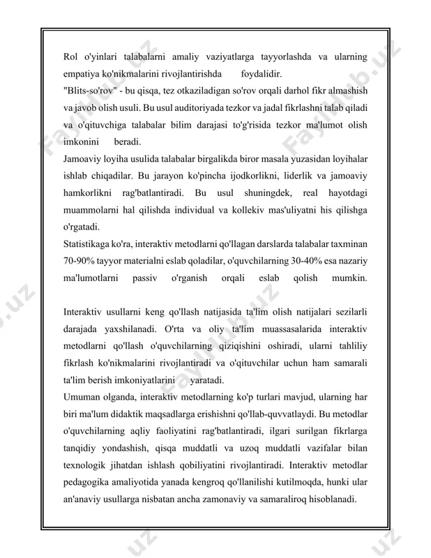 ligini orgatadi. 6. dasturiy taminot va platformalar: internet va kompyuter texnologiyalari orqali oqitishni rivojlantirish uchun 10 dan ortiq maxsus dasturiy taminotlar va platformalar yaratilgan. masalan, "uzedu" platformasi orqali 500 mingdan ortiq oquvchi turli fanlardagi onlayn darslarda qatnashadi. 7. innovatsion loyihalar: milliy oquv dasturi doirasida har yili yuzlab innovatsion loyihalar amalga oshiriladi. 2022-yilda 200 dan oshiq yangi loyiha boshlangani qayd etildi. bu ma'lumotlar ozbekiston ta'lim tizimida innovatsion yondashuvlar va texnologiyalarning samarali qollanishini aks ettiradi. ushbu yondashuvlar oquvchilar va oqituvchilar uchun yangi imkoniyatlar yaratadi va talim sifatini oshirishga yordam beradi. yoshlar bilan interaktiv o‘quv jarayonini tashkil qilish "yoshlar bilan interaktiv oquv jarayonini tashkil qilish" mavzusiga oid ma'lumotlar quyidagi jihatlardan iborat bolishi mumkin: 1. interaktiv ta'limning ahamiyati: - 21-asrda ta'limning interaktiv shakllari keng ommalashmoqda, chunki bu yoshlarning ozlashish qobiliyatini oshiradi. - interaktiv ta'lim modeli oquvchilarning dars jarayonidagi faolligini 70% ga oshirishi mumkin. - talimni yoki dasturlarni interaktiv shaklda tashkil etish, ananaviy talim usullari …