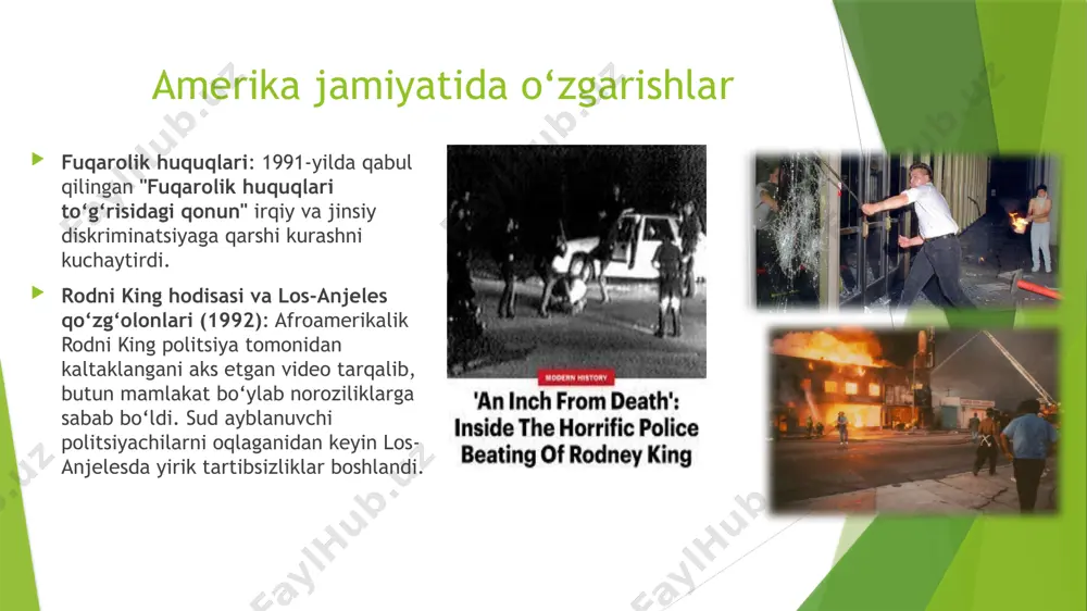 un edi. uning asosiy bandlari: politsiyaga 100,000 nafar yangi xodim qo‘shish. zo‘ravon jinoyatlar uchun qat’iy jazo choralarini kuchaytirish. mahbuslar soni keskin ortdi. tanqidchilar bu qonunni keyinchalik mahbuslar sonining haddan ortishi va afro-amerikaliklarga nisbatan tengsiz muomala bilan bog‘lashadi. 🌍 bill klintonning tashqi siyosati (1993–2001) yugoslaviya urushlari va nato ishtiroki bosniya urushi (1992–1995): aqsh nato doirasida harbiy aralashuv qildi. dayton tinchlik bitimi (1995) – aqshning vositachiligida urushga barham berildi. kosovo mojarosi (1998–1999): serb kuchlari etnik albanlarga qarshi zo‘ravonlik qildi. aqsh nato bilan birga serbiyaga qarshi havo hujumlari amalga oshirdi. klinton bu harakatlarni inson huquqlarini himoya qilish deb ko‘rsatdi. iroq bilan munosabatlar saddam husayn bmt qarorlariga bo‘ysunmadi. "operation desert fox" (1998) – aqsh va britaniya iroqqa qarshi 4 kunlik harbiy hujum uyushtirdi. aqsh iroqqa qarshi sanksiyalarni davom ettirdi, qurol-yarog‘ nazorati uchun bmt inspektorlarini yubordi. isroil – falastin tinchlik jarayoni klinton yaqin sharqda tinchlikni o‘rnatishga harakat qildi. 1993: oslo kelishuvi – isroil va falastin …