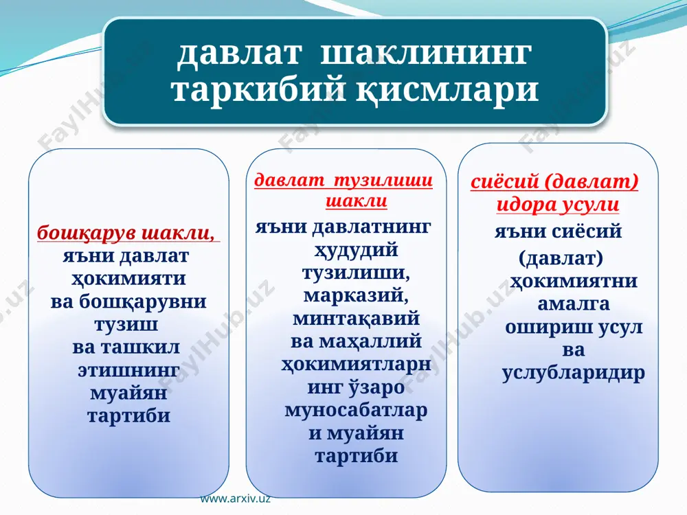 парламентга тегишли бўлиб, унинг таркиби сайлов ҳуқуқи орқали шакллантирилади. (монарх маълум қисмини тайинлайди). ижроия ҳокимият эса монархга тегишли бўлиб, унинг ўзи ҳокимиятни амалга оширади ёки фақат ҳукуматни тайинлайди. суд ҳокимияти ҳам монарх қўлида бўлиб, у ёки бу даражада мустақил бўлиши мумкин. қувайт, иордания, марокаш www.arxiv.uz 12 чекланган монархия парламентар монархия тузумида ҳокимиятнинг бўлиниш принципи қонунчилик органининг олий давлат ҳокимият органи эканлигини кўрамиз. ижроия ҳокимият устидан парламентнинг юқори туриши, сиёсий рсжимнинг демократик ёки либерал яъни давлат ҳокимият органларининг бир-бири билан муросага кела-олмайдиган қонун талабларида фаолият юритиши белгиланганлигини мустаҳкамлайди. шунингдек, парламентнинг олий ҳокимият органи сифатидаги тушунчаси шуни билдирадики, ҳукуматнинг тузилиши монарх томонидан тайинланса ҳам юқори ёки қуйи палатанинг ишонч ҳуқуқи қўлланилади. бу шуни англатадики, агар юқори ёки қуйи палата аъзолари ҳукуматга ишончсизлик билдирса, монарх қуйи палатада энг кўп ўрин олган партия аъзоларидан сайланган депутатлардан ҳукуматни шакллантиришга мажбур бўлади. монарх бундай давлат бошқарув шаклида фақат шохдир, ҳокимият масалаларида кузатувчи вазифасини ўйнайди. теократик монархия …