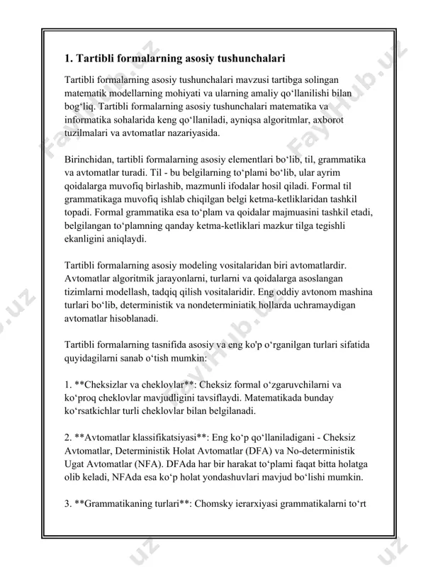 mumkin. tartibli formalarning inson hayoti va jamiyatdagi ehtiyojlar uchun zaruriy ekanligini tushunish qiyin emas. 1. **ta'lim va akademik soha**: ta'lim sohasida tartibli formalarning ahamiyati juda katta. o'quv dasturlari, sinov tizimlari va baholash me'zonlari tartibli formatlar asosida qurilgan bo'lishi kerak. masalan, o'zbekistonda maktablar va oliy o'quv yurtlarida foydalanilayotgan darsliklar va o'quv qo'llanmalari standartlar asosida tayyorlanadi. bu standartlar o'quv jarayonining izchilligini va sifatini ta'minlaydi. 2. **iqtisodiy va moliyaviy hisobotlar**: korxona va tashkilotlar uchun moliyaviy hisobotlarning tartibli formatda tayyorlanishi muhimdir. buxgaltariyada xalqaro moliyaviy hisobot standartlari (ifrs) mavjud bo'lib, ular butun dunyo bo'ylab applyuaviylikni ta'minlaydi. bu standardlar moliya bo'yicha hisob-kitoblarning solishtirilishi va tahlil qilinganida oʻzining afzalliklarini beradi. 3. **ilmiy izlanish va yangiliklar**: ilm-fan va tadqiqotlar yo'nalishida qandaydir tadqiqot yoki tajriba natijasini taqdim etishda shakllantirilgan formatlar yo'qligida, tushunish va qo'llash amaliyoti murakkablashishi mumkin. masalan, ilmiy maqolalarni yozish uchun apa yoki mla formatlarini ishlatish talab etiladi. bu shakllar ilmiy ishtirokchilar o'rtasida ma'lumotlarni osonroq almashish imkonini beradi. …