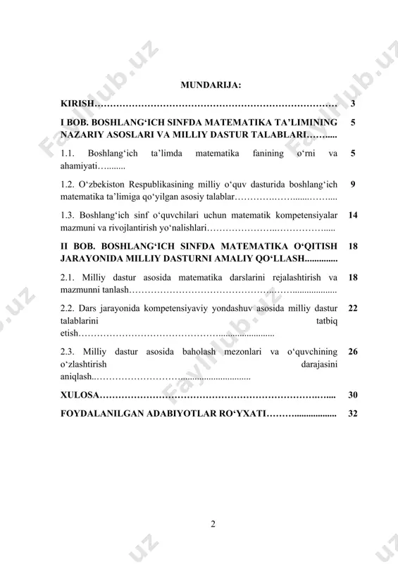 rini shakllantirishda muhim poydevor sanaladi. boshlang‘ich sinflarda matematika fanini o‘qitish bu jarayonning ajralmas tarkibiy qismi sifatida o‘quvchilarning mantiqiy fikrlash, muammoni hal qilish, sonli munosabatlarni tushunish va amaliy hayotda tatbiq eta olish ko‘nikmalarini shakllantirishga xizmat qiladi. shu boisdan, matematika ta’limini zamonaviy pedagogik yondashuvlar asosida tashkil etish, o‘quv dasturlarini takomillashtirish va ularni amaliyotga tatbiq etish bugungi kun ta’limi uchun dolzarb masala bo‘lib qolmoqda. o‘zbekiston respublikasida 2021 yildan boshlab joriy etilgan yangi davlat ta’lim standartlari va milliy o‘quv dasturlari boshlang‘ich ta’lim mazmunini yangilashga, o‘quvchilar bilimini emas, balki ularning funksional savodxonligi va real hayotga tayyorgarlik darajasini oshirishga qaratilgan. milliy dasturda matematika fani bo‘yicha belgilangan maqsadlar, o‘quv natijalari, kompetensiyalar va baholash mezonlari orqali o‘qituvchilarning faoliyati aniq yo‘naltirilgan. endilikda o‘quvchilar mustaqil fikrlovchi, o‘rgangan bilimini real vaziyatlarda qo‘llay oluvchi shaxs sifatida shakllanishi zarur bo‘lib, bu talablar matematika o‘qitish jarayonida ham o‘z aksini topmoqda. kurs ishining dolzarbligi - hozirgi globallashuv va innovatsion yondashuvlar kuchayib borayotgan davrda ta’lim tizimining …