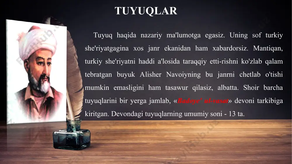 ak badiiy mahorati shundaki, o'zaro shakldosh, ya'ni ohang jihatidan aynan bir xil so'zlarni tuyuq qofiyalariga olish orqali kitobxon ong-tafakkuri va ruhida ajib bir badiiy-tabiiy (badiiy-estetik) kayfiyat uyg'ota olgan. tuyuqning 3- va 4- misralarida aql mavhum tushunchasi jonlantirilgan. aslida, odam hayratdan barmog'ini tishlaydi. bu asarda esa mazkur harakat aqlga tegishli qilib tasvirlangan. bunda ham shoirning xalq tilidagi tabiiylikka rioya qilgani ko'rinadi. chunki tilimizda: «aqlim lol qoldi», - degan ibora ham borku. holbuki, bunda ham o'sha so'zlayotgan shaxsning o'zi lol qolgani tushuniladi. faqat bu ish-harakat aqlga ko'chirilgan holda ifodalanyapti. tuyuq, aslida, ana shu lisoniy go'zallik asosiga quril-gan. lekin unda zimdan sanamning qaysarligi, gapga kir-magani qoralanayotganini sezish qiyin emas. aql bundan hayratlanib, barmog'ini tishlagani bayonida esa bilinar-bilinmas tarzda: «birovning jo'yali maslahatiga kirmay, qaysarlik qilish ham aqldan emas», - degan g'oya ilgari surilayotganiga ham shubha yo'q. «sarvi gulrux soridin» tajnisli tuyuq o'tkali ul sarvi gulrux soridin, yo'q xabar ul sarvi gul ruxsoridin. hajridin bog' …