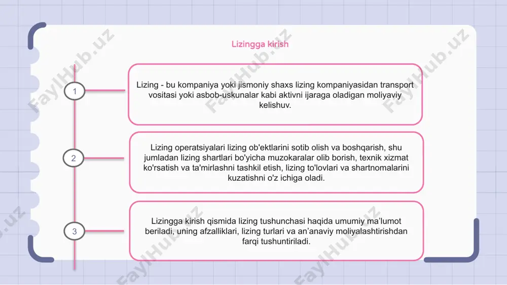 y muammolarni hal qilish kabi lizing aktivlarini doimiy boshqarishni o'z ichiga oladi. ijara shartnomasi qoidalari va shartlari lizing operatsiyalari aktivdan ma'lum muddatga muntazam to'lovlar evaziga foydalanishni o'z ichiga oladi. lizing shartnomasi lizing beruvchi (egasi) va lizing oluvchi (foydalanuvchi) o'rtasidagi qonuniy majburiy shartnomadir. ijara shartnomasining shartlari va shartlari ikkala tomonning huquq va majburiyatlarini belgilaydi. ijara hisobi lizing - katta miqdordagi oldindan to'lovni talab qilmasdan, belgilangan muddatga aktivlardan foydalanishni olishning keng tarqalgan usuli. lizing buxgalteriya hisobi lizing operatsiyalarini kompaniyaning moliyaviy hisobotida qayd etish va hisobot berishni o'z ichiga oladi. lizing operatsiyalari lizingni boshqarish va boshqarish bilan bog'liq faoliyatni, shu jumladan muzokaralar, lizing shartnomalari va doimiy lizing boshqaruvini anglatadi. 1 2 3 lizing boshqaruvi lizing - bu korxonalar uchun aktivlarni to'g'ridan-to'g'ri sotib olmasdan sotib olish uchun mashhur moliyaviy alternativ. lizing operatsiyalari deganda lizing ob'ektlarini boshqarish va boshqarish bilan bog'liq faoliyat tushuniladi. lizingni boshqarish - bu lizing operatsiyalarining barcha jihatlarini, lizing bo'yicha muzokaralardan tortib …