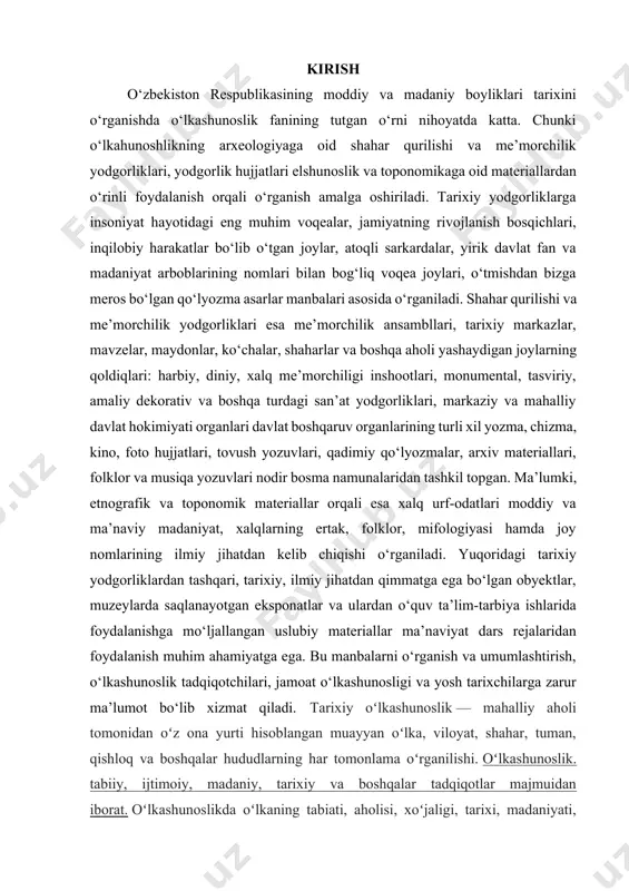 tarixiy yodgorliklardan tashqari, tarixiy, ilmiy jihatdan qimmatga ega bo‘lgan obyektlar, muzeylarda saqlanayotgan eksponatlar va ulardan o‘quv ta’lim-tarbiya ishlarida foydalanishga mo‘ljallangan uslubiy materiallar ma’naviyat dars rejalaridan foydalanish muhim ahamiyatga ega. bu manbalarni o‘rganish va umumlashtirish, o‘lkashunoslik tadqiqotchilari, jamoat o‘lkashunosligi va yosh tarixchilarga zarur ma’lumot bo‘lib xizmat qiladi. tarixiy oʻlkashunoslik — mahalliy aholi tomonidan oʻz ona yurti hisoblangan muayyan oʻlka, viloyat, shahar, tuman, qishloq va boshqalar hududlarning har tomonlama oʻrganilishi. oʻlkashunoslik. tabiiy, ijtimoiy, madaniy, tarixiy va boshqalar tadqiqotlar majmuidan iborat. oʻlkashunoslikda oʻlkaning tabiati, aholisi, xoʻjaligi, tarixi, madaniyati, arxeologiyasi, oʻlka namoyandalari oʻrganiladi. oʻlkashunoslik kompleks va soha boʻlinadi. o’zbekistn respublikasi mustaqilligining o’tgan tarixan qisqa davr mobaynida respublikamiz hayotining barcha barcha jabhalarida ijobiy tub o’zgarishlar sodir bo’ldi. hozirgi davrda milliy istiqlol g`oyasi va mafkurasi tanilayotgan bir paytda ajdodlarimiz tomonidan ko’p asrlar mobaynida yaratilgan g`oyat ulkan, bebaho ma’naviy, madaniy merosimizning, o’tmish tariximizni, qolaversa o’lkamizni rivojlantirish borasidagi barcha chora – tadbirlar, o’zlikni anglash kabi masalalar, davlat siyosat …