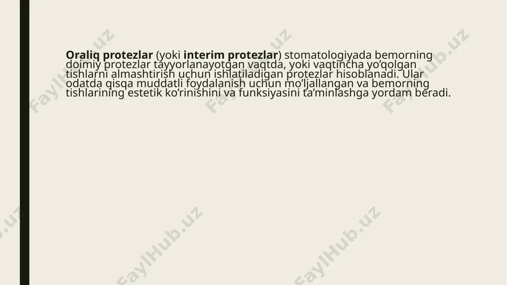 chlar doimiy protezlar tayyorlanayotganda bemorga qulaylik yaratadi. • doimiy taxtakachlar uzoq muddat davomida bemorning tishlarini tiklash uchun mo’ljallangan, mustahkam va tabiiy ko’rinishga ega protezlar. har bir taxtakach turi bemorning individual ehtiyojlariga qarab tanlanadi va stomatolog tomonidan maslahat beriladi. foydalanilgan adabiyotlar. 1. n.f. danilevskiy . 2. rizayev, g’offorov. 3. google ( vikipedia ). e’tiboringiz uchun raxmat ! image1.jpeg image2.jpeg image3.jpeg /docprops/thumbnail.jpeg