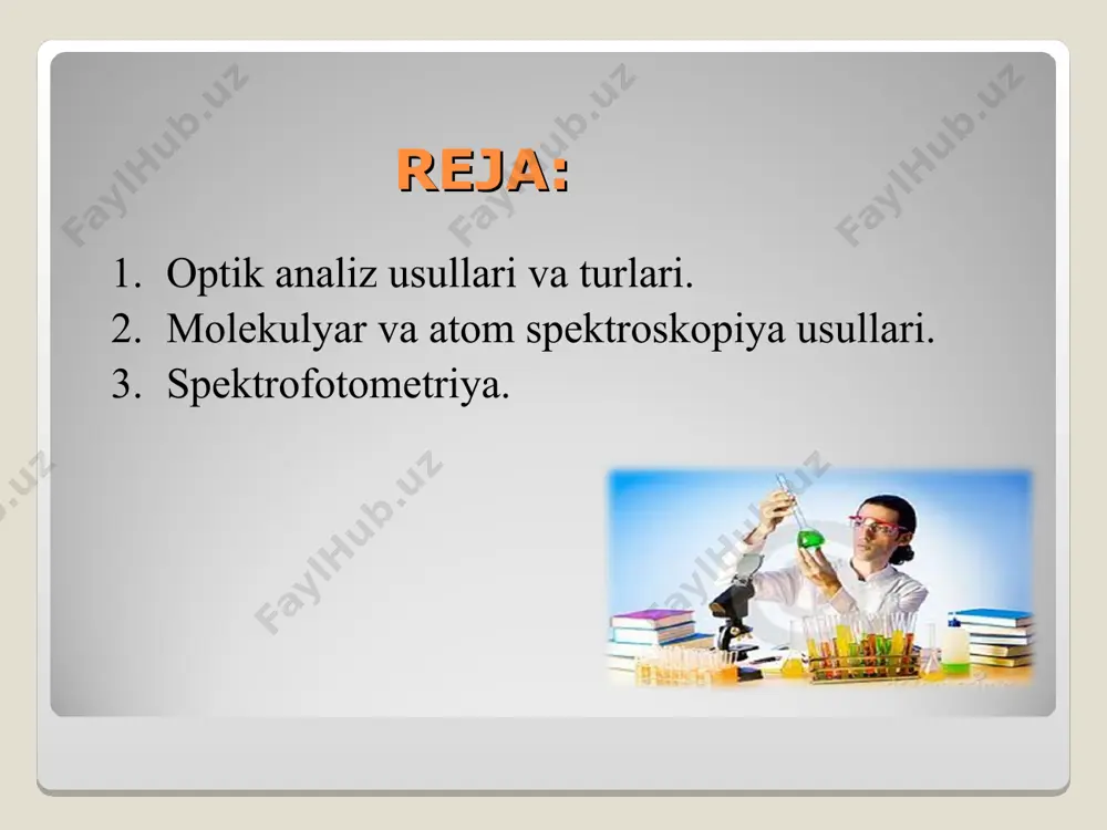 lar yoki metallarda qo’shimcha tarzda bo’ladigan juda oz miqdordagi elementlarni aniqlash mumkin. elementlarning bu qadar oz miqdorlarini tortma va hajmiy analizning odatdagi usullari bilan amalda aniqlash mumkin emas, chunki ularning eritmadagi konseatrasiyalari etarli darajada bo’lishi uchun tegishli moddalardananalizga juda ko’p miqdorda tortib olish kerak bo’ladi. bunday hollarda kolorimetrik usuldan foydalanib juda tez va aniq natijalar olinadi. fotometrik analiz kolorimetrik analizda aniqlanayotgan ionning eritmadagi rangli birikmasi hooil bo’lishi tufayli paydo bo’ladigan rangning intensivligiga (och-to’qligiga) asoslanib o’sha ionning mikdori haqida xulosa chiqariladi. eritmaning rangi qancha intensiv (to’q) bo’lsa, ionning eritmadagi konsentrasiyasi shuncha yuqori bo’ladi yoki aksincha. kolorimetrik analiz-rangli eritmada yorug’lik spektrining ko’rinish soxasida yotuvchi nurning yutilish darajasini o’lchashga asoslangan. ko’pgina moddalarning eritmalari o’zi uchun xarakterli rangga ega, chunki ularning molekula yoki ionlari nurni tanlab yutadi masalan, [fe(scn)]2+, [cu(nh3)4]2+, cu2+, ni2+, co2+, fe3+, cr3+ kabi kompleks va oddiy ionlari bo’lgan eritmalar o’zining xususiy rangiga ega. ba’zi moddalar suvda erishi jarayonnida rang paydo bo’ladi. …