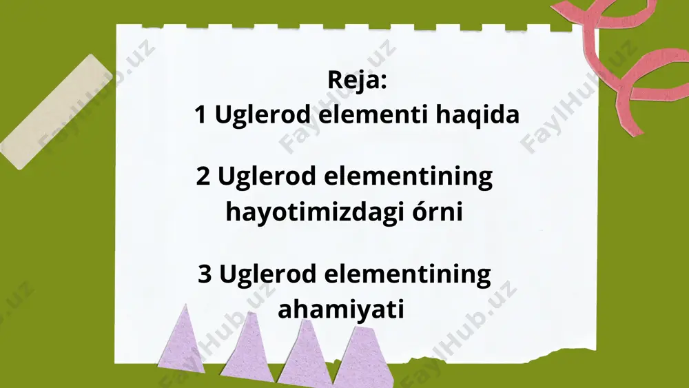 urum). olmos----- grafit------ fullerin------ uglerod yerdagi hayotning asosini tashkil etuvchi muhim biogen element. odam organizmida massa jihatidan 20,2% uglerod mavjud. uglerod shuningdek, oqsillar (52% atrofida), dnk va r-nk molekulalari (37% atrofida), fermentlar, gormonlar, vitaminlar tarkibiga kiradi. organizmning tuzilishida qatnashuvchi va uning hayot faoliyatini taʼminlovchi turlituman organik birikmalar, asosan, ugleroddan iborat. organizm uchun zarur boʻlgan energiyaning katta qismi hujayralarda uglerodning oksidlanishidan hosil boʻladi. uglerod yer poʻstining massa jihatidan 2,310 2% ini tashkil etadi. u yer poʻstining yuqori qismi (biosfera)da boʻladi. tirik moddalarda 18%, yogʻochda 50%, toshkoʻmirda 80%, neftda 85%, antratsitda 96% uglerod bor. uglerodga xos minerallar soni 112 ta. uglerod koinotda ham keng tarqalgan. quyoshda uglerod vodorod, geliy va kisloroddan keyin 4oʻrinni egallaydi. grafit (yunoncha grapho — yozaman) — mineral, yer poʻstlog'ida uchraydigan sof uglerodning bir koʻrinishi. kimyoviy formulasi — c. geksagonal singoniyali. kristallari 6 burchakli plastinka, taxtacha va tangacha shaklida. rangi qora va toʻq kulrang , metallsimon yaltiroq, qattiqligi 1, …
