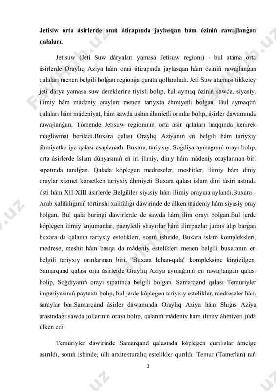 . samarqand qalası orta ásirlerde oraylıq aziya aymaģınıń en rawajlangan qalası bolip, soģdiyanıń orayı sıpatında belgili bolgan. samarqand qalası temuriyler imperiyasınıń paytaxtı bolıp, bul jerde kóplegen tariyxıy estelikler, medreseler hám saraylar bar.samarqand ásirler dawamında oraylıq aziya hám shıǵıs aziya arasındaǵı sawda jollarınıń orayı bolıp, qalanıń mádeniy hám ilimiy áhmiyeti júdá úlken edi. temuriyler dáwirinde samarqand qalasında kóplegen qurılıslar ámelge asırıldı, sonıń ishinde, ullı arxitekturalıq estelikler qurıldı. temur (tamerlan) nıń sawlatlı sarayları hám estelikleri qalaǵa xalıqaralıq kólemde belgili belgililik alıp keldi.samarqand qalasında islam dúnyasınıń eń belgili hám joqarı dárejedegi ilimiy mákemeleri, medreseler hám ilimiy oraylar jumıs alıp bardı. qalada ilimiy konferenciyalar, astronomiya, medicina hám matematika boyinsha ilimiy izleniwler alıp barılǵan.uluǵbek medresesi, bibi-xanım meshiti, registan maydanı sıyaqlı eń belgili arxitekturalıq estelikleri samarqandtıń bay tariyxın hám mádeniy miyrasın sáwlelendiredi.samarqandta uluǵbek, astronomiya tarawında úlken reformalar islegen alım, islegen. onıń atı astronomiya tariyxında áhmiyetli orın ieleydi. merv házirgi túrkmeistanan qublada jaylasqan, orta ásirlerde xorezmniń en …