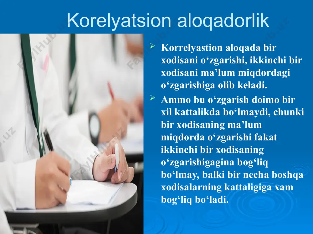 tkichlar xisoblanadi. standart ko‘rsatkichlar, majmualar tarkibi bir xil bo‘lganda taqqoslanayotgan intensiv ko‘rsatkich qaerda ko‘p bo‘lishini ko‘rsatib beradi. standart ko‘rsatkichlar shartli xisoblanadi. standartlashtirishni qo`llash standart ko‘rsatkichlarni xisoblash usullari: 1) to‘g‘ri; 2) bilvosita; 3) teskari; 4) ko‘p omilli. to‘g‘ri usul o‘rganilayotgan muxitning va xodisaning tarkibi ma’lum bo‘lganda qo‘llaniladi. bilvosita usul muxitning tarkibi ma’lum bo‘lib, xodisaning tarkibi noma’lum bo‘lganda qo‘llaniladi. standartlashtirishni qo`llash teskari usul xodisaning tarkibi ma’lum bo‘lib, muxitning tarkibi noma’lum bo‘lganda qo‘llaniladi. ko‘p omilli standartlash usuli o‘rganilayotgan xodisaning kattaligi bir vaqtning o‘zida bir omil ta’sir etayotganda (yosh, jins, ish staji va kasbi) ularning ta’sirini yo‘qotish uchun ishlatiladi. ko‘pincha standart ko‘rsatkichlarni xisoblashning to‘g‘ri usuli qo‘llaniladi. standartlashtirishning to`g`ri usuli to‘g‘ri usul 4 bosqichdan iborat: birinchi bosqich – xar bir solishtirilayotgan majmuaning barcha guruxlari bo‘yicha intensiv ko‘rsatkichlarini xisoblash. ikkinchi bosqich – standart tanlash. standart sifatida muxitning tarkibi qabul qilinadi. standart tanlash tadqiqotchining xoxishiga bog‘liq bo‘lib, u standart sifatida, masalan, solishtirayotgan «a» yoki «b» shifoxona bo‘limlarida …