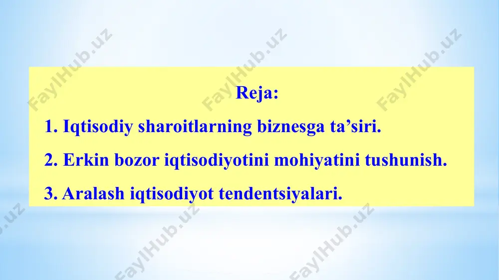 mehnat stimullarining qandayligi bilan ham ajralib turadi. iqtisodiy mexanizm — bu iqtisodiy rivojlanishni ta’minlovchi barcha vositalarning majmuasidirki, bular boshqarishda qo'ilaniladi bozor iqtisodiyoti — bu mukammal ishlab chiqarish omiilariga ega bo‘igan, tovar-pul munosabatlariga asoslangan, aniq ijtimoiy moljali bor, bozor signallariga binoan va pul vositasida boshqarilib turuvchi iqtisodiyotdir mamlakatimiz o‘z taraqqiyotining yangi davriga qadam qo‘ygan hozirgi kunda o‘zbekiston respublikasini 2022-2026 yillarda rivojlantirishning ustuvor yo‘nalishi bo‘yicha taraqqiyot strategiyasi asosida barcha sohalarda keng ko‘lamli o‘zgarishlar amalga oshirilmoqda. ma’lumki, yurtimizda xususiylashtirish jarayoni mulkni haqiqiy mulkdorlarga berish, iqtisodiy munosabatlarni tubdan o‘zgarish uchun real shart-sharoitni yaratish, yangi ish o‘rinlarini tashkil etish, iqtisodiyotda ko‘p ukladlikni hamda raqobat muhitini shakllantirish orqali davlatning mulkka bo‘lgan monopol huquqini tugatish, turli mulkchilik shaklidagi korxonalarni barpo etishdek strategik vazifalarni bajarishga qaratilgan. mustaqillikka erishilgan dastlabki kunlardan boshlab jamiyatda tadbirkorlik ruhini qaror toptirib, rivojlantirish va shu asosda kishilarda mulkdorlik tuyg‘usini uyg‘otishga jiddiy e’tibor qaratildi. hech bir mubolag‘asiz aytish mumkinki, kichik biznes va xususiy tadbirkorlik bugungi …