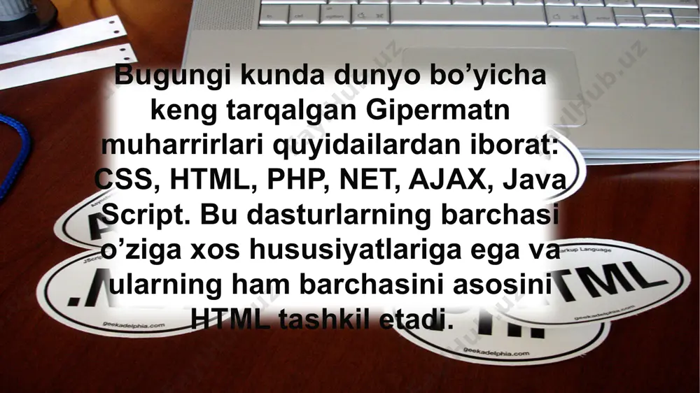 beruvchi dizaynlarni yaratish qobiliyatini beradi. bootstrap tarixi bootstrap twitter-da mark otto va yakob thornton tomonidan ishlab chiqilgan va 2011-yil avgustda github-da ochiq manba kodli mahsulot sifatida chiqarilgan. 2014-yil iyun oyida github loyihasi bootstrap loyihasi bo'ldi bootstrapning afzalliklari: oddiy foydalanish: html va css-ning asosiy ma'lumotlariga ega bo'lgan har kim bootstrap-dan foydalanishni boshlaydi ta'sirchan xususiyatlar: bootstrapning sezgir css vositalari telefonlarga, planshetlarga va ish stollariga mos keladi mobil birinchi yondashuv: bootstrap 3-da, dastlabki mobil uslublar yadro freymining qismi hisoblanadi brauzer mosligi: bootstrap barcha zamonaviy brauzerlar (chrome, firefox, internet explorer, safari va opera) bilan mos keladi. ... birinchidan; satr yaratish ( ). so'ngra, kerakli sonni qo'shing (teglar mos .col - * - * classes). .col - * - * ning raqamlari har bir satr uchun har doim 12 ta qo'shilishi kerak. rounded courner circle thumbnail e’tiboringiz uchun raxmat image9.png image10.png image11.jpeg image12.png image13.png image14.png image15.png image16.png image17.png image18.png image19.png image20.gif image21.jpg image22.jpg image23.jpeg image24.jpg …