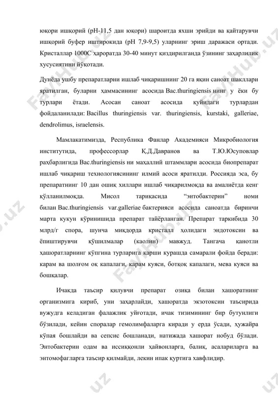 ларидан фарқ қилади. замбуруғлар асосида олинадиган энтомопатоген препаратлар замбуруғли энтомопатоген препаратлар зарарли хашаротларда микоз касаллигини туғдириш орқали уларнинг нобуд бўлишига олиб келади. энтомопатоген бактериялар ва вирусларга нисбатан замбуруғлар қуйидаги ўзига хос хусусиятларга эга : · нобуд бўлиш овқат ҳазм қилиш йўллари орқали эмас, балки бевосита кутикула орқали руй беради; · хашаротлар ўзининг куколка ва имаго ривожланиши фазасида нобуд бўладики, бу бошқа микроорганизмлар билан бўладиган ўзаро муносабатларда кузатилмайди; · замбуруғлар нисбатан тез ўсиши ва жуда катта репродуктив қобилиятига эгалиги билан характерланади, энтомопатоген фаоллигини пасайтмасдан спора ҳолатида узоқ вақтгача табиатда сақланиши мумкин; · айрим хашаротлар турларин нобуд қилишда юқори даражада специфик бўлиб, бинобарин уларнинг вирулентлиги сезиларли даражада ишлатиладиган замбуруғларни штаммига боғлиқ бўлади. замбуруғли препаратнинг хашоратга таъсири спораларнинг тана бўшлиғига тери орқали киришидан бошланади. хашарот танасига тушган замбуруғ спораси ўсиб гифага айланади, кейин мицелийга, қайсики улардан гифали таначалар энтомопатоген замбуруғларнинг инфекцияли бирлигини ташкил қилувчи копидиялар ажралиб чиқади. копидиялар ўсиб чиққандан кейин то хашаротлар …