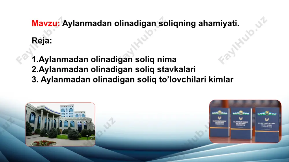 kichik korxonalarga tadbik etiladi. o’zbekiston respublikasi prezidentining 2003 yil 30 avgustdagi pf-3305-sonli farmoniga ko’ra kichik biznes subyektlari tarkibiga 2004 yil 1 yanvardan boshlab, quyidagi lar kiritilgan: 1.yakka tartibda tadbirkorlik faoliyati bilan shug’ullanuvchi lar; 2.xodimlarining o’rtacha yillik soni: — ishlab chiqarish tarmoklarida 20 kishidan; — xizmat ko’rsatish soxasida 10 kishidan; — ulgurji, chakana savdo va umumiy ovqatlanish soxasida 5 kishidan oshmagan mikrofirmalarda; 3.quyidagi tarmoklarning o’rtacha yillik xodimlari soni: — yengil va oziq-ovqat sanoati, metalga ishlov berish va asbobsozlik yogochni qayta ishlash, mebel sanoati va qurilish materiallari sanoati 100 kishidan; — mashinasozlik metallurgiya yokilgi-energetika va kime sanoati, qishloq xo’jalik mahsulotlarini yetishtirish va qayta ishlash, qurilish hamda boshqa sanoat ishlab chiqarish soxalari 50 kishidan; — fan, ilmiy, transport, aloqa, xizmat ko’rsatish soxasi (sug’urta kompaniyalaridan tashqari), savdo va umumiy ovqatlanish hamda boshqa ishlab chiqarishga aloqador bo’lmagan soxalar 25 kishidan oshmagan kichik korxonalar. 2.aylanmadan olinadigan soliq stavkalari: № soliq to’lovchilari soliq stavkalari foizlarda; 1 iqtisodiyotning …