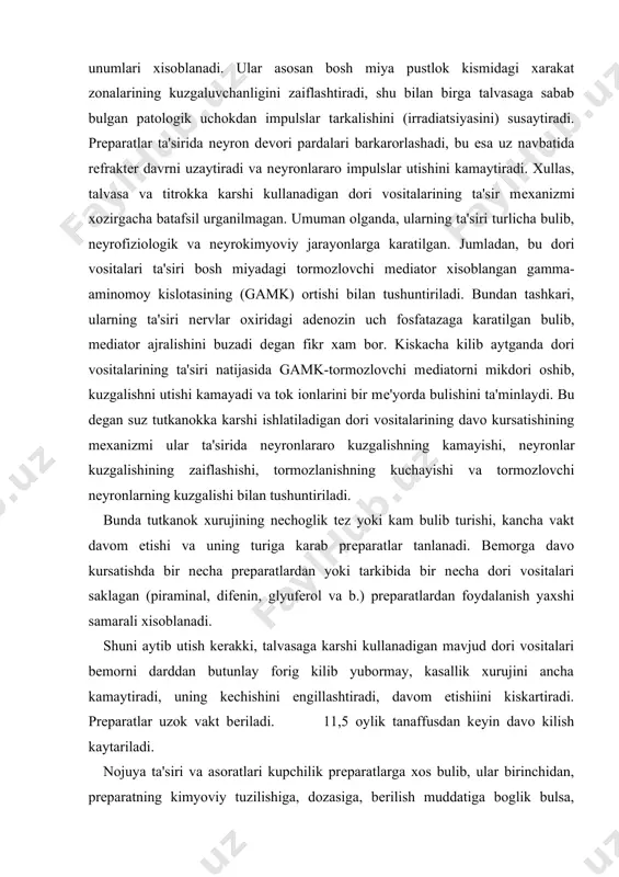 paratlardan foydalanish yaxshi samarali xisoblanadi. shuni aytib utish kerakki, talvasaga karshi kullanadigan mavjud dori vositalari bemorni darddan butunlay forig kilib yubormay, kasallik xurujini ancha kamaytiradi, uning kechishini engillashtiradi, davom etishiini kiskartiradi. preparatlar uzok vakt beriladi. 11,5 oylik tanaffusdan keyin davo kilish kaytariladi. nojuya ta'siri va asoratlari kupchilik preparatlarga xos bulib, ular birinchidan, preparatning kimyoviy tuzilishiga, dozasiga, berilish muddatiga boglik bulsa, ikkinchidan, bemorning dorilarga nisbatan sezuvchanligiga, chidamligiga, kasallikning turiga va kechishiga boglik. kupchilik dori vositalari bosh aylanishi, uykuchanlik, kul barmoklarining titrashi, ataksiya, kungil aynashi, gemerolopiya (kurishning buzilishi), fotofobiya (nurdan kurkish), dermatit, leykopeniya va boshkalarni keltirib chikaradilar. bunday uzgarishlar ruy bersa, dori preparatini berish vaktincha tuxtatiladi, zarur choralar kuriladi. bemorni boshka preparatlar bilan davo kilinadi. tutkanokka karshi dori vositalari uzbekiston davlat reestriga kiritilgan va asosiy preparatlar ruyxatida kayd etilgan kuyidagi dorilar taalukli. fenobarbital-uxlatadigan ta'sirga ega bulgani uchun katta tutkanok xurujiga davo kilishda uning kichikrok dozasidan (0, 05) foydalaniladi va ancha samarali xisoblanadi. …