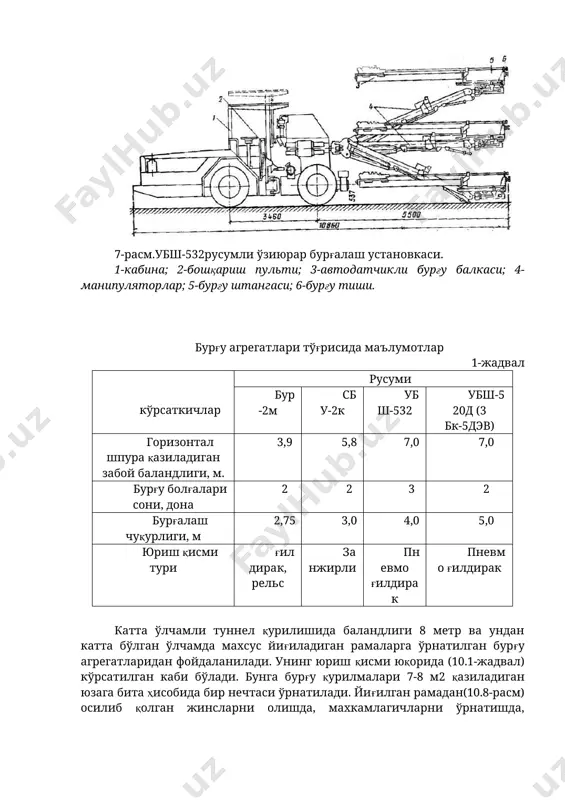 сус йиғиладиган рамаларга ўрнатилган бурғу агрегатларидан фойдаланилади. унинг юриш қисми юқорида (10.1-жадвал) кўрсатилган каби бўлади. бунга бурғу қурилмалари 7-8 м2 қазиладиган юзага бита ҳисобида бир нечтаси ўрнатилади. йиғилган рамадан(10.8-расм) осилиб қолган жинсларни олишда, махкамлагичларни ўрнатишда, шпураларни зарядлашда, вентиляция қурилмаларини ўрнатишда фойдаланиш мумкин. портлатилган грунтларни юклаш ва ташиш китобнинг олдинги бобларида грунт ва бетон қоришмасини ташиш ишлари тўғрисида кенг маълумотлар берилган. туннел қурилишда жинсларни портлатилгандан сўнг унинг уюми хосил бўлади. одатда унинг баландлиги 0,7-0,75 қазилма баландлигича, узунлиги эса 2-2,5 оралиқ узунлигигача бўлади. ер ости гидротехник иншоотлари қурилишда асосан 2 схемада: рельсли (кесими 25-30 м2 гача) ва рельссиз(10.11-расм) транспорт воситаларидан фойдаланилган холда портлатилган жинсни юклаш ва ташиш ишлари амалга оширилади. биринчи холатда жинсни ғилдиракли рельсли махсус юклагичлар билан вагонеткаларга юкламада ва иккинчисида эса умум қурилиш юклагич механизмларидан (экскаватор, юклагич ва бошқалар) фойдаланилади. хар икки схемада хам юклаш ишлари даврий харакатланувчи механизмлар билан амалга оширилади. бундай ишлар учун махсус юклагичлар ишлаб чиқарилган. вагонеткаларни …