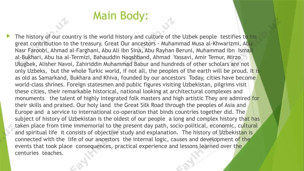 cartography","geodesy", "globe making book", "earthdetermine the longitude and latitude of placesarticle about "famous people of khorezm","masud's law", "saidona", "medicinal plants"book about »8. mahmud ibn umaraz-zamahshariy(1075-1144)contribution to the development of science:commenting on the ideas of the qur'anworks:al-mufassal, revealer, word masterbasics »,« arabic core »,« bestdictionaries »«grammarneeds ».«nafisintroduction to literature »,« propaganda and exhortationsgolden branches »,« rhyme » burxoniddinal-marginal(1123-1197)contribution to the development of science:explains the ideas of the qur'an, the rules of sharialoggedworks:"hidoya""the lawto studyentrance »"the sectsspread ""citizensrightsaboutcross sectionbook »,“the book of obligations,” “beginners in fiqhinstructions for amir temursee you(1336-1405)contribution to the development of science:enriched military knowledge, military campaign strategy anddeveloped tactics, public administrationcreated the structural structure and legal frameworkworks:"temur's rules" muhammad taragayulugbekcontribution to the development of science:scientific of astronomycreated the foundations, 1018 star status flawlessstudied and compiled a star chart, an observatory(observatory)works:"ziji ulugbek", "determination of a degree sine""risolai ulugbek"12. zahiriddinmuhammadbobur(1483-1530)contribution to the development of science:geography, history with a scientific basisenriched, laid …