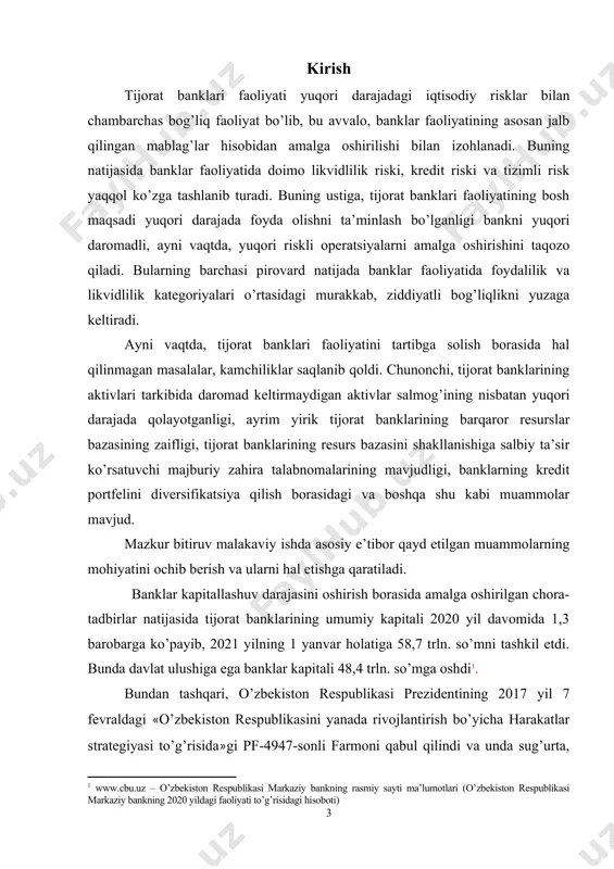 ar holatiga 58,7 trln. so’mni tashkil etdi. bunda davlat ulushiga ega banklar kapitali 48,4 trln. so’mga oshdi . bundan tashqari, o’zbekiston respublikasi prezidentining 2017 yil 7 fevraldagi «o’zbekiston respublikasini yanada rivojlantirish bo’yicha harakatlar strategiyasi to’g’risida»gi pf-4947-sonli farmoni qabul qilindi va unda sug’urta, lizing va boshqa moliyaviy xizmatlarning hajmini ularning yangi turlarini joriy qilish va sifatini oshirish hisobiga kengaytirish, shuningdek kapitalni jalb qilish hamda korxona, moliyaviy institutlar va aholining erkin resurslarini joylashtirishdagi muqobil manba sifatida fond bozorini rivojlantirishga alohida e’tibor qaratilmoqda . shuningdek, so’nggi yillarda bank tizimi barqarorligi hamda banklar kapitalining etarlilik darajasini baholash mezonlarini yanada takomillashtirish maqsadida sohaga oid amaldagi huquqiy me’yorlarni bazel qo’mitasining bazel-3 yangi talablari asosida boyitish va uni mamlakatimiz bank tizimiga joriy etish bo’yicha qator ishlar amalga oshirilmoqda. bu borada hurmatli prezidentimizning fikrlari diqqatga sazovor: “so’nggi yillar davomida «mudis», «standart end purs» va «fitch reytings» kabi etakchi reyting agentliklari o’zbekiston bank tizimi faoliyatini «barqaror» deb baholamoqda. 1. …