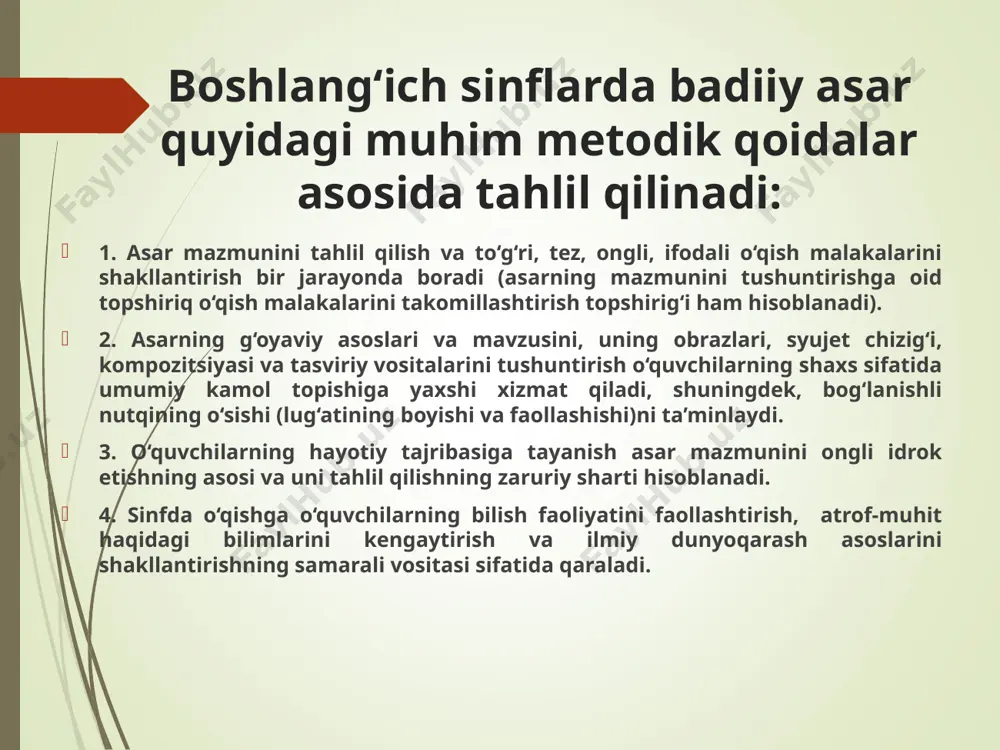 d va tarixiy mavzudagi ilmiy-ommabop asarlarni o‘qib o‘rganishda tabiat hodisalarini kuzatish (masalan, daraxt kurtaklarining bo‘rtishi), o‘quvchilarni dehqonlar mehnati bilan tanishtirish, mamlakatimizda yuz bergan o‘zgarishlarning guvohi va ishtirokchilari bo‘lgan insonlar bilan uchrashuvlar uyushtirish maqsadga muvofiq. ijtimoiy-tarixiy mazmundagi asarlar vatanimiz o‘tmishi, xalqimiz hayoti, mardonavor kurashi, ulug‘ siymolar amalga oshirgan ishlar, tarixiy sanalar to‘g‘risida bilim beradi. o‘qish darsliklaridan o‘rin olgan beruniy, ibn sino, amir temur, alisher navoiy, bobur va boshqa ajdodlarimiz haqidagi matnlar shular jumlasidandir. bu xildagi matnlar o‘quvchilarni nafaqat o‘tmishimiz bilan tanishtiradi, balki ularning vatan oldidagi farzandlik burchi va mas’uliyatini teran anglashga ham yordam beradi. o‘quvchilarda vatanga muhabbat tuyg‘usi shu tariqa shakllanadi. topishmoqlar narsa yoki hodisalarning ataylab yashirilgan belgisi, shakli, xatti-harakati, holati va vazifasini boshqa narsa yoki hodisalarga qiyoslash asosida topishga asoslangan she’riy yoki nasriy tuzilishdagi savol va topshiriqlardir. topishmoqlar xalq turmushi bilan chambarchas bog‘liq holda yaratiladi. ularning zaminida kishilarning qadimiy e’tiqod va tasavvurlari, olamni bilish va idrok etishga bo‘lgan intilishlari yotadi. …