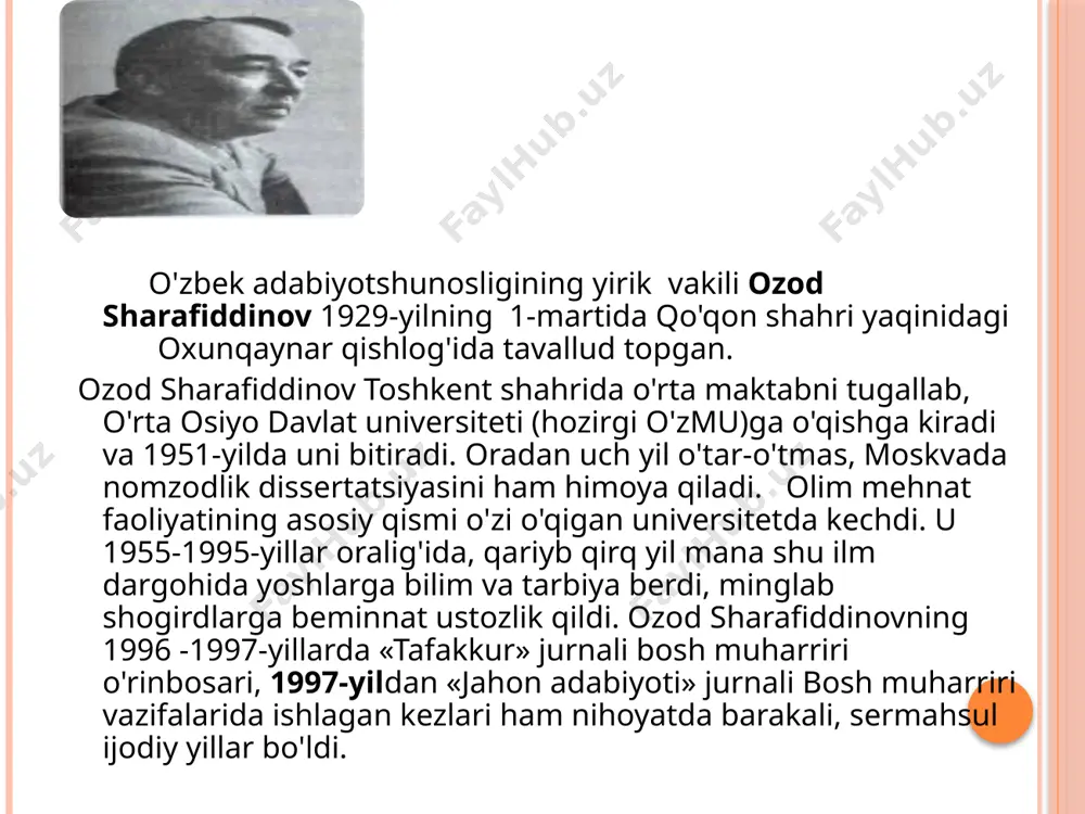 r ushbu e’tiqodida sobit turib: adabiyotga, ijodga, haqiqatga sadoqat ila xizmat qildi. «zamon, qalb, poeziya» munaqqid totalitar tuzum davrida, elliginchi yillarda filologiya fanlari doktori umarali normatov qayd etganidek, «ustozi abdulla qahhordan ruhlanib adabiyotdagi xalturaga, oʻrtamiyonachilikka qarshi mardona kurash olib bordi. 40-50-yillarda keng tarqalgan oʻta siyosatlashgan, nuqul mustabid tuzum mafkurasi targʻibotiga qaratilgan quruq ritorika, va’zxonlikdan iborat she’riyatning astar-avrasini chiqarib tashladi. ulardan koʻplab misollar keltirib: «she’rmi shu asarlar, poeziya bormi ularda», degan keskin savolni qoʻyadi va teran ilmiy tahlil, rad etish mumkin boʻlmagan dalil va mantiq asosida, «yoʻq», deya javob bera oladi. 50-yillar sharoitida bunday fikrni aytish mislsiz jasorat edi». haqiqatan ham ozod sharaffiddinov «zamon, qalb, poeziya» kitobida eng nomdor shoirlarning she’rlaridan misollar keltirib, ularning kamchiliklarini xolisona isbotlab bergan. mustaqillik yillarida o. sharafiddinov ham adabiy tanqidchi, ham tarjimon, ham jamoat arbobi sifatida ulkan ishlarni amalga oshirdi. «choʻlpon»(1991), «choʻlponni anglash» (1994) kitoblari, «e'tiqodimni nega oʻzgartirdim» (1997) asarlarida munaqqidning estetik prinsiplari aks etgan. keyingi …