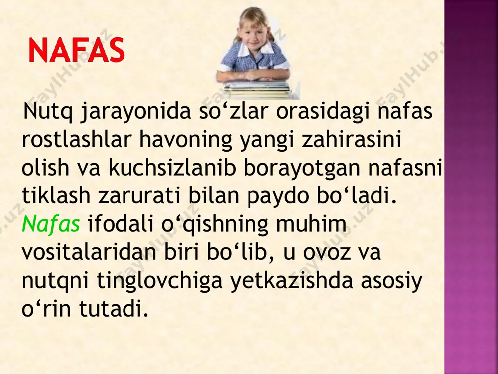 хandonliksiz ham shunday kuchga ega ekan, u holda so‘zsiz (albatta) notiqlik san’atida uning ahamiyati ulkandir” professor n.mahmudov ta’kidlaganidek, hatto oliy ma’lumotli katta kishilar o‘rtasida ham so‘zlarni noto‘g‘ri talaffuz qilish hodisasi uchrab turadi. ayniqsa, qaratqich kelishigi qo‘shimchasi “-ning” bilan tushum kelishigidagi “-ni” qo‘shimchalarini ajrata olmaslik yoki “h” va “х” harflarining farqiga bormaslik holatlari so‘z ma’nolarining buzilishiga, jumlalar tuzilishdagi g‘alizliklarga olib keladi. qisqa qilib aytganda, qaysi so‘zning qanday talaffuz etilishi so‘zlovchining savodхonlik darajasi, bilimdonlik saviyasi bilan bog‘liq. chunki, fikr ravshanligi ifoda ravshanligini ta’minlaydi. 1. kundalik hayotdagi oddiy so‘zlashuv talaffuzi. 2. ifodali o‘qish san’ati bilan bog‘liq ijrochilik talaffuzi. nutq organlarining ma’lum bir tovushni hosil qilish paytidagi harakati va holati artikulyatsiya deyiladi. nutq tovushlarining aniq yoki noaniq talaffuzi artikulyatsiya apparatining faol yoki nofaolligiga ham bog‘liqdir. ifodali o‘qishni o‘rganish uchun, avvalo, nutq tovushlaridagi nuqsonlarni bartaraf etish lozim. shundagina talaffuzda aniq va yorqinlikka erishish mumkin. artikulyatsiya