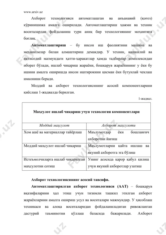янги технологияси яхлит технологик тизимлар мутахассислар ва менежерлар вазифасининг интеграциялашуви ахборотни қайта ишлаш бўйича янги технология мақсадга қаратилган ҳолда ахборотни яратиш, узатиш, сақлаш ва акс эттириш ижтимоий муҳит қонунчилигини ҳисобга олиш бошқарув қарорлар қабул қилишнинг янги технологияси ахборот технологиясининг асосий элементлари. зат нинг асосий элементлари қуйидагича: · маълум бир вақт давомида ахборотни киритиш ва қайта ўзгартириш; · тасвирни киритиш ва унга ишлов бериш; · сигнал ахбороти пайдо бўлган ерда уни қайта ишлаш; · оғзаки ахборотни қайта ишлаш; · фойдаланувчининг шк билан фаол мулоқоти; · турли ахборот тизимларида машинали моделлаштириш; · ахборот алмашувининг тармоқ технологияси (диалог юритиш, видео ва телекоммуникация, электрон поча, видиотека ва х.з.); · тақсимланган тармоқ тизимларида маълумотларни мультипроцессор асосида қайта ишлаш; · маҳаллий, минтақавий ва халқаро тармоқлар бўйича ахборотни тезкор тарқатиш. ахборот технологиясининг базавий технологияси бўлиб қуйидагилар ҳисобланади: а) техник таъминот технологияси; б) телекоммуникация технологияси; в) дастурий таъминот технологияси. бу технологиялар ҳисоблаш тизимлари ва тармоқлари архитектурасининг аниқ вариантлари …