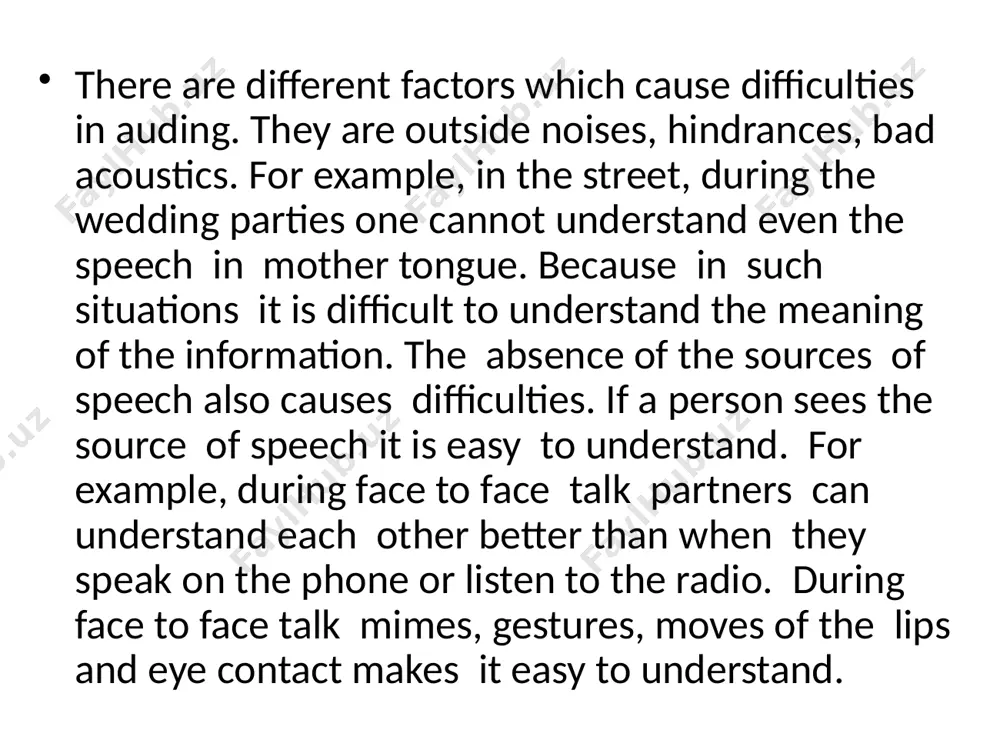 or define what knowledge is needed. -determine the strategy of listening while listening -verify predictions -decide what is important to decide. -check comprehension after listening -evaluate comprehension in a particular task -evaluate overall progress in listening -define if the strategies used were appropriate for the given task and purpose of listening. authentic materials that can be used in improving listening skills. -radio and tv -announcements at the airports, hotels, train, bus, station -lectures and public speeches -telephone customer service recordings teachers should help the learners to identify the listen goal and also help them to outline predictable sequences. listening process is two way communication process in which listener focuses his/her attention to the speakers language. listening is not only the goal but also a means of language learning. teachers should help the learners to develop listening strategies. one of such strategies is “top down strategy “ which include the following …
