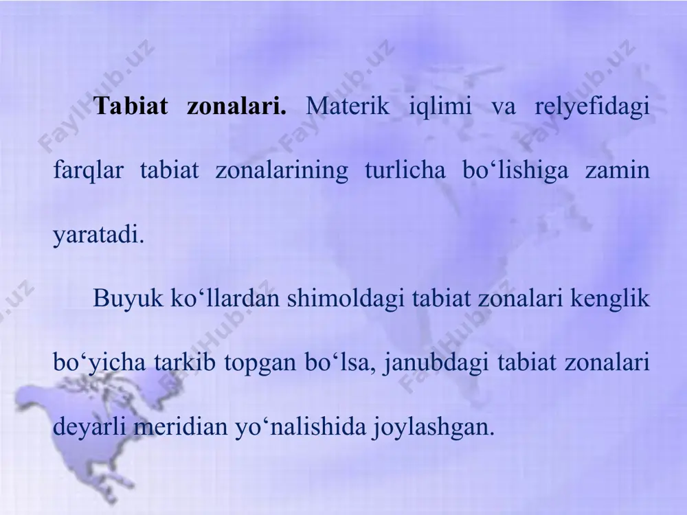 alamush, puma, bobr (suv qunduzi), qizil olmaxon, yenot, burunduq asosiy hayvonlaridir. o‘rmon-dasht va dasht zonalarining kashtan va qora tuproqlarida chalov, betaga, bizon o‘ti eng ko‘p uchraydi. zonalarning shimoliy va sharqiy qismlarida qalin o‘tlarning bo‘yi 1,5 m ga yetadi. buyuk tekisliklarda o‘t o‘simliklar ancha siyraklashadi, tikanli butalar, janubda, hatto, dub, akatsiya kabi daraxtlar uchraydi. asosiy hayvonlari bizon, bo‘ri, tulki, kiyik, skuns (badbo‘y), opossum, oqboshli burgut va boshqalardan iborat. chalacho‘l va cho‘l zonalarining asosiy o‘simligi qora shuvoq, kaktus (bo‘yi 4 — 9 m), yukka (daraxtsimon doimiy yashil o‘simlik) qo‘ng‘ir-jigarrang tuproqlarda o‘sadi. sudralib yuruvchilar (qora ilon) va kemiruvchilar, qalqondorlar yashaydi. savannalar va siyrak o‘rmonlar zonasida qizil va qizilqo‘ng‘ir tuproqlar hosil bo‘lgan. baland o‘t o‘simlikli, kaktusakatsiyali savannalar va eman-qarag‘ayli siyrak o‘rmonlar xos. fasliy nam (musson) o‘rmonlar zonasi uchun ferralit tuproqlar, eman, karib qarag‘ayi, palma, kiparis kabi o‘simliklar xos. hayvonlardan alligator (timsohning bir turi), qora ilon, kurka, nikaragua sohillarida anakonda ilonlari yashaydi. balandlik mintaqalari kordilyera …