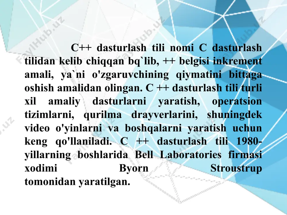 и липпман. язык программирование с++. базовой курс. вильямс - м.: 2014. 2. сидхарма рао. освой самостоятельно с++ за 21 день. вильямс - м.: 2013. 3. никита культин. microsoft visual c++ в задачах и примерах. бхвпетербург - петербург.:2010. 4. б. страуструп. язык программирования с++. специальное издание.- м.:ооо «бином-пресс», 2006.-1104 с. 5. павловская т.а. с++. программирование на языке высокого уровня – спб.: питер. 2005.- 461 с. image2.png image3.png image4.png image5.png image6.png image7.png image8.png image9.png