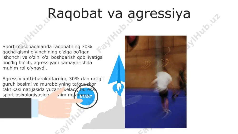 xavotir va stressni boshqarish strategiyalarini o'rgatish orqali, musobaqada samaradorlikni 15% ga oshirishi mumkinligini ko'rsatadi. konsentratsiya va diqqatni jamlash mushaklarning xotirasi va vizualizatsiya yordamida 5-7 marta takrorlash orqali, harakatlar ketma-ketligini diqqat bilan o'rganish mumkin, bu esa musobaqada ishonchni oshiradi. yuqori darajadagi sportchilar o'rtacha 7-10 soniya davomida to'liq konsentratsiyaga erisha oladilar, shundan keyin esa diqqatni qayta jamlash kerak bo'ladi. 06 05 04 vizualizatsiya va tasavvur 01 02 tasavvur qilishning ikki turi mavjud: "kognitiv" – harakatlarni aqliy takrorlash va "affektiv" – his-tuyg'ularni tasavvur qilish. ularning birgalikdagi qo'llanilishi 75% ga yaqin samaradorlikni oshiradi. sportchilarning 90% dan ortig'i musobaqadan oldin muvaffaqiyatli natijani tasavvur qilish orqali o'z ishlarini yaxshilashga erishishadi, bu esa o'ziga ishonch va ishlash samaradorligini oshiradi. psixologik mashg'ulotlarning turlari psixologik mashgʻulotlarning bir turi – tasavvur mashqlari, unda sportchilar 3-5 daqiqa davomida musobaqadagi muvaffaqiyatli harakatlarini aqliy ravishda takrorlaydilar, bu esa oʻziga boʻlgan ishonchni oshiradi. stress menejmenti boʻyicha mashgʻulotlar, jumladan, nafas olish texnikasi va progressiv mushaklarni …