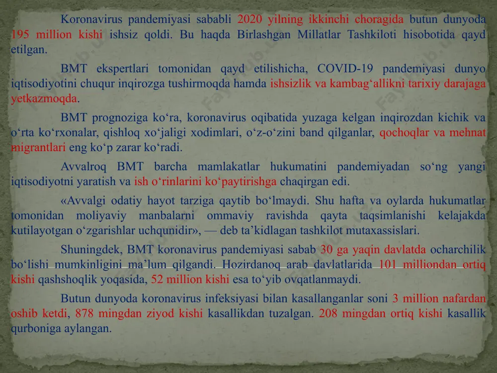 chi kuchi sonining qisqarishi bilan bog‘liq holda umumiy ishchi kuchi qiymatining pasayishi 3. xorijiy ishsizlar va ularning oilalariga sarflanadigan xarajatlarning oshishi 4. xorijiy ishchilarning jamg‘arishga bo‘lgan moyilligi tufayli narxlar o‘sishining to‘xtatilishi 5. yosh, malakali ishchilarni tanlab olish orqali ishchi kuchi sifatining oshirilishi jahon amaliyotining ko‘rsatishicha, xalqaro ishchi kuchi migratsiyasi quyidagi sabablarga ko‘ra sodir bo‘ladi: ‒ mamlakatlarning iqtisodiy rivojlanish darajasining turlichaligi; ‒ ish haqi miqdori o‘rtasida milliy farqlarning mavjudligi; ‒ ishsizlikning mavjudligi; ‒ kapitalning xalqaro harakati va transmilliy korporatsiyalar faoliyati. xalqaro ishchi kuchi migratsiyasi jarayonini tartibga solishni ikki turga bo‘lishimiz mumkin: ‒ ishchi kuchining xalqaro migratsiyasini xalqaro tashkilotlar yordamida tartibga solish; ‒ davlat tomonidan tashqi migratsiyani turli usullar orqali tartibga solish. tashqi mehnat migratsiyasini tashkil etishda, tajribalar va axborotlar bilan ayirboshlashda, bu jarayonni tartibli va rejali amalga oshirishni ta’minlashda migratsiya bo‘yicha xalqaro tashkilotlarning o‘rni alohida ahamiyatga ega. ushbu tashkilotlar tarkibida xmt (xalqaro mehnat tashkiloti) alohida o‘rin tutadi. bu tashkilot a’zo mamlakatlardagi …