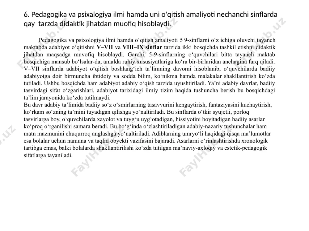 tish amaliyoti 5-9-sinflarni o‘z ichiga oluvchi tayanch maktabda adabiyot o‘qitishni v–vii va viii–ix sinflar tarzida ikki bosqichda tashkil etishni didaktik jihatdan maqsadga muvofiq hisoblaydi. garchi, 5-9-sinflarning o‘quvchilari bitta tayanch maktab bosqichiga mansub bo‘lsalar-da, amalda ruhiy xususiyatlariga ko‘ra bir-birlaridan anchagina farq qiladi. v–vii sinflarda adabiyot o‘qitish boshlang‘ich ta’limning davomi hisoblanib, o‘quvchilarda badiiy adabiyotga doir birmuncha ibtidoiy va sodda bilim, ko‘nikma hamda malakalar shakllantirish ko‘zda tutiladi. ushbu bosqichda ham adabiyot adabiy o‘qish tarzida uyushtiriladi. ya’ni adabiy davrlar, badiiy tasvirdagi sifat o‘zgarishlari, adabiyot tarixidagi ilmiy tizim haqida tushuncha berish bu bosqichdagi ta’lim jarayonida ko‘zda tutilmaydi. bu davr adabiy ta’limida badiiy so‘z o‘smirlarning tasavvurini kengaytirish, fantaziyasini kuchaytirish, ko‘rkam so‘zning ta’mini tuyadigan qilishga yo‘naltiriladi. bu sinflarda o‘tkir syujetli, porloq tasvirlarga boy, o‘quvchilarda xayolot va tuyg‘u uyg‘otadigan, hissiyotini boyitadigan badiiy asarlar ko‘proq o‘rganilishi samara beradi. bu bo‘g‘inda o‘zlashtiriladigan adabiy-nazariy tushunchalar ham matn mazmunini chuqurroq anglashga yo‘naltiriladi. adiblarning umryo‘li haqidagi qisqa ma’lumotlar esa bolalar uchun namuna va …