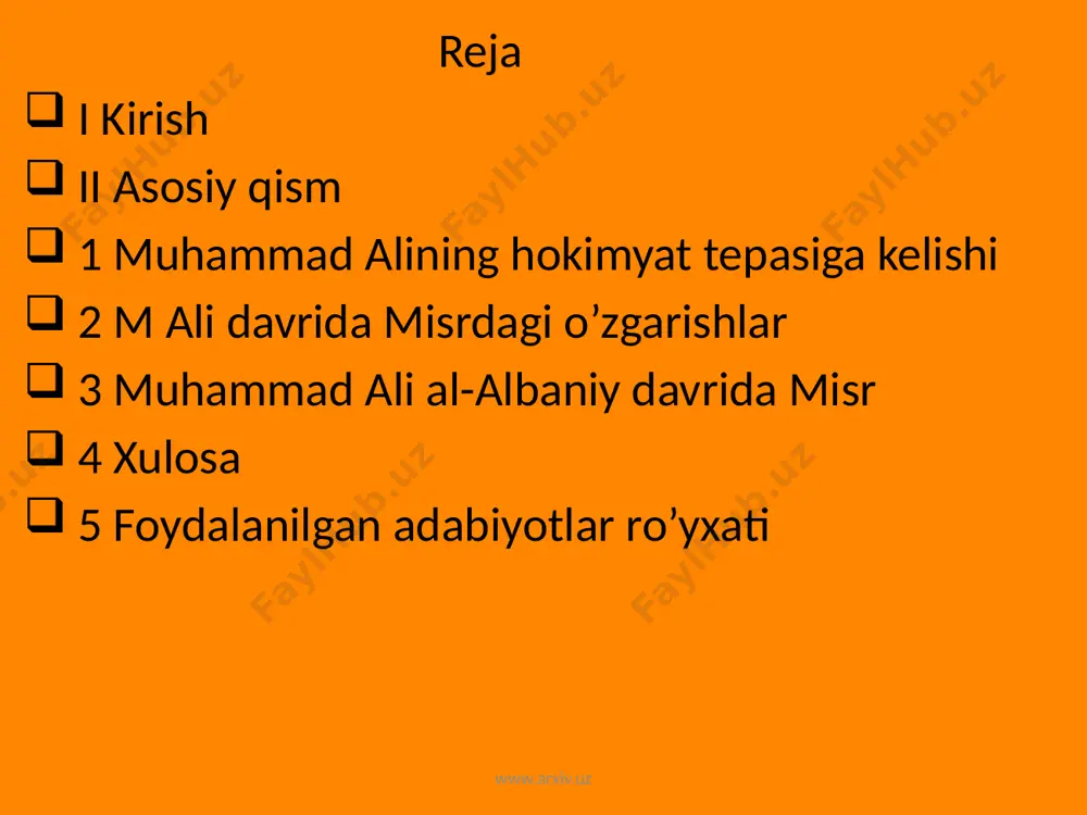 rtbop mahsulotlar — paxta, shakarqamish yetishtirish ortdi. ammo ayni mahalda savdogarlar va hunarmandlar kasod bo’lishi, soliqlar, byurokratizm va korrupsiya o’sishi bilan bog’liq bo’lgan iqtisodiy qiyinchiliklar ham orta bordi.muhammad alining istilochilik va bosqinchilik siyosati tufayli arabiston, sudan shimoli krit oroli, suriya, falastin va kilikiya misrga qo’shib olindi, kilikiya ustidan nazorat qilish huquqini muhammad ali usmonli sulton bilan urush davomida tortib olib qo’ygan edi. 1833 yilga kelib misr mulklari usmonli imperiyasi qolgan qismlari hududidan kattaroq bo’lib qolgandi. ammo misrliklarning usmonlilar bilan doimiy kurashi 1840 yilda 1838 yildagi ingliz-usmonli shartnomasining mamlakatga xorijiy kapital kirib kelishiga yo’l ochib beradigan shartlarini misrga ham majburlab tiqishtirgan yevropa davlatlari aralashuvini keltirib chiqardi www.arxiv.uz muhammad alidan keyingi davrda misr muhammad ali 1841 yilda ya’ni 72 yosharligida rasman podsho maqomida qolgan holda davlat ishlaridan yiroqlashdi (1849 yilda vafot etdi). muhammad ali o’rnida uning o’g’li ibrohim (1848 yilga qadar), keyin esa nevarasi abbos (1854 yilgacha) hukmronlik qildilar. ammo har ikkalasining …