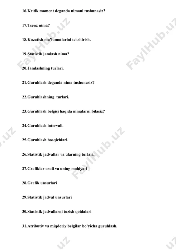 ilgan arifmetik miqdorlar qanday hisoblanadi? 49. o’rtacha oddiy va tortilgan garmonik miqdorlardan qanday hollarda foydalaniladi? 50. o’rtacha arifmetik miqdor qanday matematik xossalarga ega? 51. o’rtacha miqdor momentlar usulida qanday hisoblanadi? 52. moda haqida nimalarni bilasiz? 53. mediana haqida nimalarni bilasiz? 54. natura o’lchov birligiga ta’rif bering 55. shartli-natura o’lchov birligiga ta’rif bering 56. kompleks o’lchov birligiga ta’rif bering 57. qiymat o’lchov birligiga ta’rif bering mavzu. statistik ko’rsatkichlar amaliy mashg’ulot № 2 1-masala. tuman konserva sanoati korxonalari tomonidan joriy yilda quyidagi mahsulotlar ishlab chiqarildi: konserva turlari bankalar sig’imi bankalar soni, ming dona tomat sousi baqlajon ikrasi tuzlangan bodring quyultirilgan sut 535 g 510 g 1000 sm3 400 g 1440 1510 700 850 joriy davrda ishlab chiqarilgan konserva mahsulotlarning umumiy hajmini shartli natural o’lchov birligida hisoblang va jadvalni to’ldiring. izoh: bankalar sig’imini 353,4 sm3 ga, og’irligini esa 400 grammga shartli ravishda keltirish qabul qilingan. 2-masala. tekstil kombinati tikuvchilik fabrikasiga o’zaro tuzilgan shartnomaga …