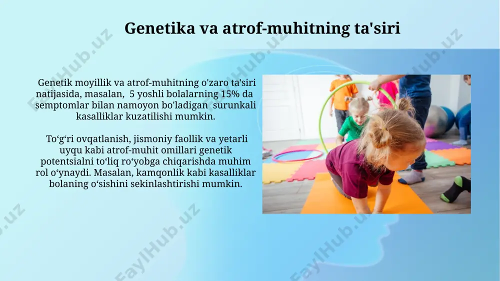 vfi 3-4 barobar ortadi, bu esa jismoniy rivojlanishga salbiy ta'sir ko'rsatadi. tug'ilishdan bir yoshgacha bo'lgan davr yetti oydan bir yoshgacha bo'lgan davrda chaqaloqlarning o'rtacha bo'yi 8-10 sm ga, vazni esa 1-1,5 kg ga ortadi, ularning yurishga tayyorgarlik bosqichi kuzatiladi, mushaklarning kuchlanishi kuchayadi. tug'ilishdan uch oygacha bo'lgan davrda chaqaloqlar o'rtacha 2-3 sm ga o'sadi va vazni taxminan 600-700 grammga ortadi, bu genetik omillar va ovqatlanishga bog'liq. yurish va harakatlanishning rivojlanishi bolalarning yurish va muvozanatini saqlash qobiliyatlari 18 oylikdan 3 yoshgacha keskin rivojlanadi, bu davrda ularning mushaklarining kuchlanishi va koordinatsiyasi yaxshilanadi. mayda motor rivojlanishi - qo'l va barmoqlarning nozik harakatlari - 3 yoshga kelib, bolalarning chizish, yozish va turli xil narsalarni ushlab turish qobiliyatlarini rivojlanishiga olib keladi. katta motorika ko'nikmalarining rivojlanishi bolaning 2 yoshida o'rtacha 20 ta so'zni bilishi va oddiy gaplarni tuzishi, 3 yoshida esa mustaqil yurishi va zinapoyadan chiqishi katta motorika rivojlanishining muhim ko'rsatkichlari hisoblanadi. katta motorika mahoratini rivojlantirish uchun …