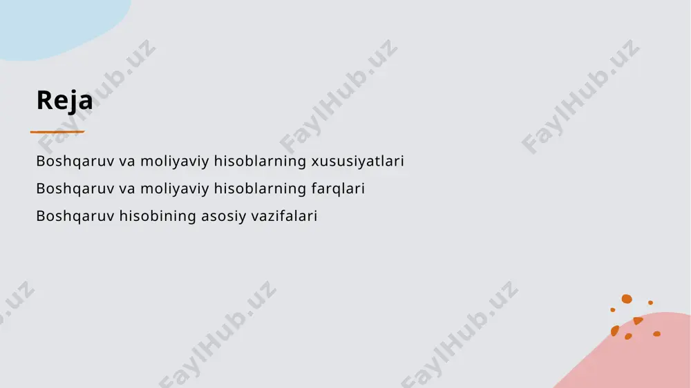 uzatishga yordam beradi. bu, moliyaviy holatni yaxshilash uchun zarurdir. boshqaruv hisobining ichki hisobotlari: qaror qabul qilish jarayonida roli. ichki hisobotlar boshqaruv hisobi ichki hisobotlar orqali tashkilotning moliyaviy holatini aniqlash va ichki qarorlarni qo'llab-quvvatlashda muhim rol o'ynaydi. qaror qabul qilish ichki hisobotlar, masalan, xarajatlar analizi va foyda prognozlari, rahbariyatga strategik qarorlar qabul qilishda zaruriy ma'lumotlarni taqdim etadi. ma'lumotlar tahlili boshqaruv hisobi ma'lumotlarni tahlil qilish orqali muammolarni aniqlash va biznes jarayonlarini optimallashtirishda muhim ahamiyatga ega. moliyaviy hisoblardagi standartlar: boshqaruv hisobiga ta'siri. moliyaviy hisoblardagi standartlar boshqaruv hisobiga sezilarli ta'sir ko'rsatadi. ular moliyaviy hisobotlarni tayyorlashda aniq qoidalar va me'yorlarni belgilaydi. bu esa, o'z navbatida, boshqaruv qarorlarini qabul qilishda zarur bo'lgan ma'lumotlarni taqdim etadi. - moliyaviy standartlar va boshqaruv hisobining o'zaro aloqasi - qaror qabul qilish jarayonida aniq ma'lumotlar - boshqaruv funksiyalarini yaxshilashga yordam beradi boshqaruv va moliyaviy hisobning asosiy maqsadlari: farqlash nuqtai nazari. 01 boshqaruv hisobining maqsadi boshqaruv hisobi tashkilot ichidagi samaradorlikni oshirish uchun …