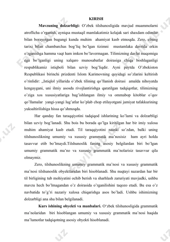 ‘ri yozish va gapirishga yordam beruvchi qonun va qoidalarni o‘rgatadi deb tushunilgan. bugungi kunda grammatika termini tilshunoslikda ikki ma`noda qo‘llaniladi. grammatika deyilganda, birinchidan, tilning grammatik qurilishi, ikkinchidan, tilning grammatik qurilishi haqidagi fan tushuniladi. ikkinchi ma`noda grammatika so‘zlarning ma`lum turkumlarga bo‘linishi, ularning har biriga xos formalar, nutqning grammatik qurilishi haqadagi fandir. ma`lumki, til kishilik jamiyatida fikr almashish quroli sifatida xizmat qiladi. kishilarga fikr almashish imkoniyatini yaratib berish uchun har bir til ma`lum miqdordagi grammatik vositalarga ega bo‘lishi kerak. lekin gapning hosil bo‘lishi uchun so‘zlarning o‘zi kifoya qilmaydi. gapda so‘zlar har bir tilning grammatik va fonetik qoidalari asosida birlashib, ma`lum bir fikrni ifodalaydi. tilning grammatik qurilishi o‘z kategoriyalari va birliklariga ega. bular so‘z formalari, so‘z birikmalari va gaplardir. grammatika ikki qismdan iborat: morfologiya va sintaksis. morfologiyada so‘z turkumlari, uning kategoriyal va nokategoriyal shakllari o‘rganiladi. sintaksis nutqning grammatik qurilishi haqidagi ta`lim bo‘lib, so‘z birikmasi, gap va undan yirik bo‘lgan birliklarni o‘z ichiga oladi. …