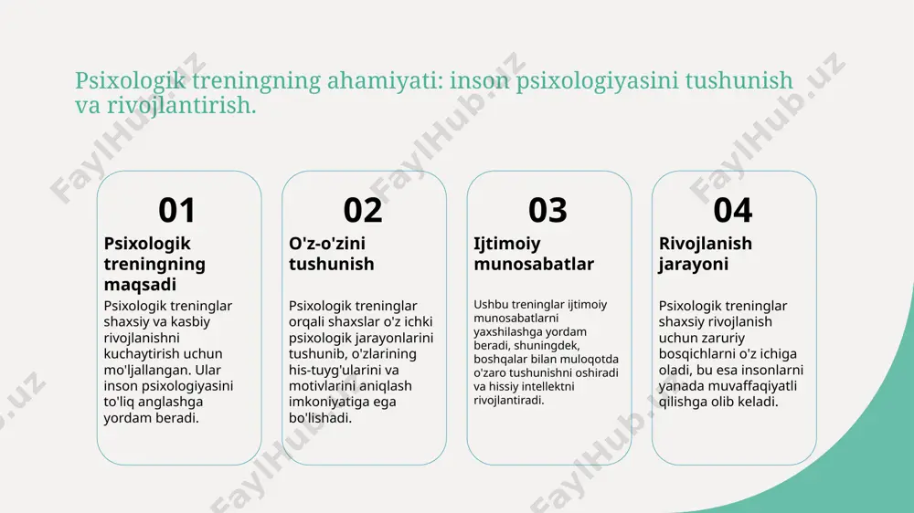 otlar, qatnashchilarga o'zaro aloqalarni yaxshilash imkonini beradi. xulosa 1 psixologik treningning ahamiyati psixologik trening shaxsiy va kasbiy rivojlanish uchun muhim omil bo'lib, inson psixologiyasini chuqur tushunishga yordam beradi. 2 bosqichlar o'rtasidagi bog'liqlik psixologik treningning asosiy bosqichlari o'rtasidagi o'zaro ta'sir, insonning ijtimoiy munosabatlarini yaxshilashga va o'z-o'zini anglashga xizmat qiladi. 3 o'zbek madaniyatidagi rol o'zbek madaniyatida psixologik trening an'anaviy va zamonaviy usullar bilan rivojlanib, shaxsiy rivojlanishga va jamiyatda ijtimoiy aloqalarni mustahkamlashga yordam beradi. e'tiboringiz uchun rahmat! /docprops/thumbnail.jpeg