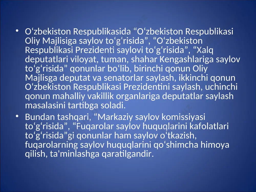 agan nomzodiga ovoz beradi. saylovda ishtirok etishning erkinligi saylovda ishtirok etishning erkinligi – fuqarolar saylovlarning hamma jarayonlarida, shuningdek ovoz berishda ham erkin ishtirok etadi. saylov jarayonlarida ishtirok etishiga to‘sqinlik ham qilmaydi, ishtirok etishga, ovoz berishga majbur ham qilinmaydi. oshkoralik oshkoralik ham saylov huquqining muhim prinsipidandir. saylovlarni barcha jarayonlari oshkora o‘tadi. ommaviy axborot vositalarida saylov jarayonlari bo‘yicha muntazam ma'lumotlar berib boriladi saylov senzlari va saylovlarda erkinlik saylov senzlari va saylovlarda erkinlik o‘zbekiston respublikasi konstitutsiyasi va qonunlarida saylov huquqi, saylovni tashkil qilish, uni o’tkazish va saylovda ishtirok etish uchun shartlar aniq belgilab qo’yilgan saylov nomzodlariga qo’yiladigan talablar saylov nomzodlariga qo’yiladigan talablar konstitutsiyaning 99-moddasiga binoan, prezident bo‘lib saylanish uchun fuqaro o‘ttiz besh yoshdan kichik bo‘lmasligi, davlat tilini yaxshi bilishi, saylovgacha o‘zbekistonda kamida 10 yil muqim (doimiy) yashagan bo‘lishi kerak. shu shartlar mavjud bo‘lsa fuqaro nomzodi tegishli tartibda prezidentlikka nomzod sifatida qo‘yiladi va saylovda ishtirok etadi. foydalanilgan adabiyotlar foydalanilgan adabiyotlar 1. allan ides christopher …
