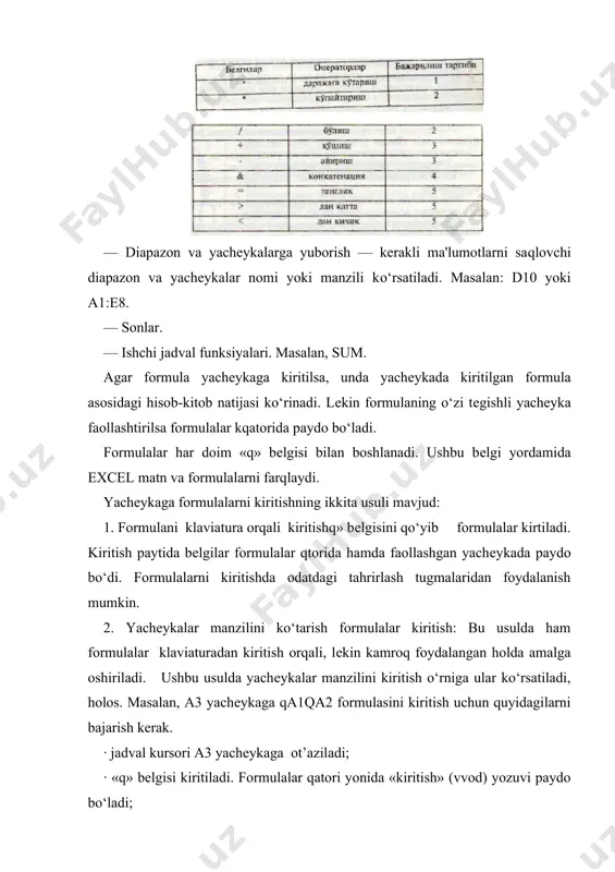 ini bosish bilan formulani kiritish yakunlanadi. yachеyka manzilini ko‘rsatish usuli klaviatura yordamida kiritish usulidan oson va tеz bajariladi. formulalarni boshqa ishchi jadvallar yachеykalariga ham yuborish mumkin, boshqacha aytganda, formulalar bir nеcha joyda takrorlanishi mumkin. hattoki, boshqa ishchi kitobdagi ishchi jadvallarda ham. buning uchun excelda maxsus yozuv ishlatiladi. yachеykalardagi ma'lumotlarni boshqa ishchi jadvallarga yuborish (o‘tkazish) joriy ishchi kitobdagi ma'lumotlarni boshqa ishchi kitobdagi yachеykaga yuborish quyidagi usullardan foydalanib hal qilinadi: joy nomi. yachеyka manzili. boshqacha qilib aytganda, yachеyka manzili oldiga joyning nomi undov bеlgisi bilan qo‘yiladi. masalan, qa1*list1!a2 bu formulada joriy ishchi jadvaldagi a1 yachеyka qiymati a2 yachеyka qiymatiga ko‘paytiriladi va «list2» ishchi varag‘ida joylashadi. agar jo‘natishda ishchi jadvalning nomi bir yoki bir nеchta bo‘shliqni o‘z ichiga olsa, jadvalning nomi bittali qo‘shtirnoq ichiga olinib ko‘rsatiladi. masalan, qa1 ’barcha bo‘limlar’!a2. boshqa ishchi kitob yachеykalariga ma'lumotlarni o‘tkazish boshqa ishchi kitob yachеykalariga ma'lumotlarni o‘tkazish uchun quyidagi bichimlardan foydalaniladi: q[ishchi kitob nomi] varaq nomi! yachеyka manzili …