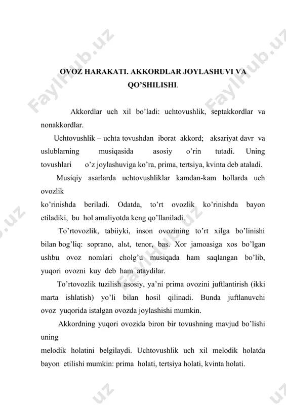 lik, melodik holat. asosiy uchtovushliklarning qo’shilishi. akkordlarning ketma-ketma bog’lanishi ularning qo’shilishi yordamida hosil bo’ladi. akkordlarning qo’shilishi esa badiiy amaliyotda ishlab chiqilgan muayyan qoidalar asosida amalga oshiriladi. akkordlar qo’shilishining asosida esa ovoz harakati yotadi. har bir ovozning harakati ravon yoki sakramli bo’lishi mumkin. ravon harakat deb, ovozning prima, sekunda va tertsiyaga tomon yurishiga aytiladi. sakramli harakatda esa ovoz kvarta, kvinta, seksta va undan katta intervallarga sakraydi. o’quv amaliyotida katta intervallarga sakram hosil qilish faqatgina bas ovozi uchun ruxsat beriladi. akkordlar munosabati deb, ularning bas ovozi orasidagi munosabatga aytiladi. shunga ko’ra, akkordlar kvarta-kvinta, tertsiya va sekunda munosabatida bo’ladi. masalan, kvarta-kvinta munosabati: t-d, t-s; sekunda munosabati: s-d. akkordlar garmonik va melodik yo’l bilan qo’shilishi mumkin. garmonik qo’shilish chog’ida akkordlar tarkibidagi umumiy tovush o’z ovozida joyida qoladi. garmonik qo’shilish akkordlarning kvarta-kvinta munosabatiga tegishli hisoblanadi. melodik qo’shilishda esa umumiy tovush joyida qolmadi. bunda bas, albatta, kvarta intervali tomon harakat qilib, qolgan ovozlar esa basga qarama-qarshi …