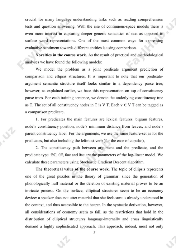 relationship between information-structure and ellipsis is found in two cycles, one of which, informally speaking, is concerned with the ‘normal’ course of the derivation, and the second interacting with the first to establish the appropriate information-structural configuration. in my own theory all the material of the research result may be used as practical additional materials for grammar exercises especially in syntax. the structure of the course work. according to standards of the course work consists of introduction, two main chapters including correlated subtitles within each chapter, conclusion and list of used literature. the volume comprises 34 pages. chapter i. ellipses definition and grammar 1.1.1. ellipsis defined the term ‘ellipsis’ (from greek ἔλλειψις, élleipsis, ‘omission’), as it is conceived in current linguistic research, refers to structures in which expected syntactic elements are missing in certain constructions, creating a mismatch between meaning (the intended message) and sound (what is in fact uttered). …