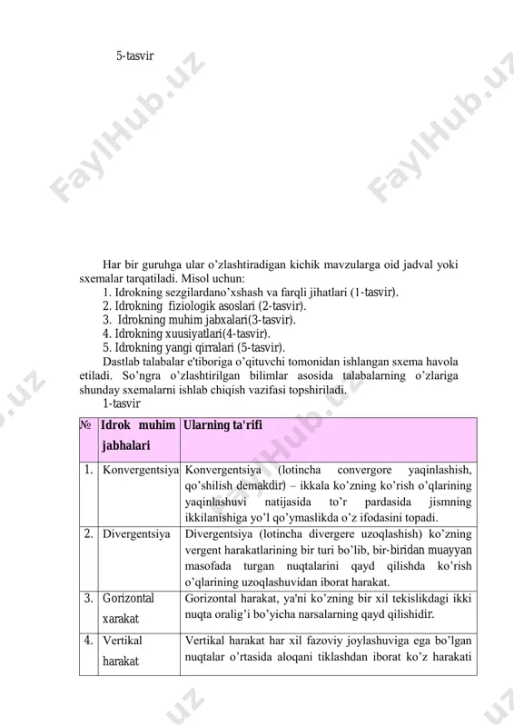 guruhga ular o‟zlashtiradigan kichik mavzularga oid jadval yoki sxemalar tarqatiladi. misol uchun: 1. idrokning sezgilardano‟xshash va farqli jihatlari (1-tasvir). 2. idrokning fiziologik asoslari (2-tasvir). 3. idrokning muhim jabxalari(3-tasvir). 4. idrokning xuusiyatlari(4-tasvir). 5. idrokning yangi qirralari (5-tasvir). dastlab talabalar e'tiboriga o‟qituvchi tomonidan ishlangan sxema havola etiladi. so‟ngra o‟zlashtirilgan bilimlar asosida talabalarning o‟zlariga shunday sxemalarni ishlab chiqish vazifasi topshiriladi. 1-tasvir № idrok muhim jabhalari ularning ta'rifi 1. konvergentsiya konvergentsiya (lotincha convergore yaqinlashish, qo‟shilish demakdir) – ikkala ko‟zning ko‟rish o‟qlarining yaqinlashuvi natijasida to‟r pardasida jismning ikkilanishiga yo‟l qo‟ymaslikda o‟z ifodasini topadi. 2. divergentsiya divergentsiya (lotincha divergere uzoqlashish) ko‟zning vergent harakatlarining bir turi bo‟lib, bir-biridan muayyan masofada turgan nuqtalarini qayd qilishda ko‟rish o‟qlarining uzoqlashuvidan iborat harakat. 3. gorizontal xarakat gorizontal harakat, ya'ni ko‟zning bir xil tekislikdagi ikki nuqta oralig‟i bo‟yicha narsalarning qayd qilishidir. 4. vertikal harakat vertikal harakat har xil fazoviy joylashuviga ega bo‟lgan nuqtalar o‟rtasida aloqani tiklashdan iborat ko‟z harakati yordami bilan idrok …