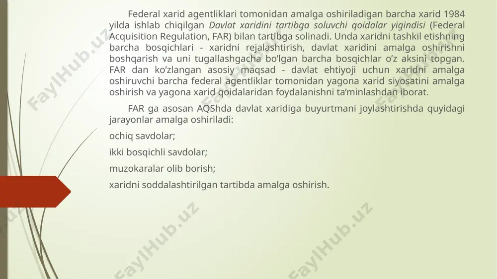 n, xarid qiymati 100 ming dollardan past bo’lgan savdolar uchun qog’ozli hujjatlar aylanmasi bekor qilindi. bu juda ko’plab, hattoki kichik hajmdagi savdolarda ham, mavjud bo’lgan murakkab qoida va jarayonlarni amlga oshirishdan xalos etdi. bugungi kunda amerikadagi har bir federal idora, shartnoma qiymati 25 ming dollardan yuqori bo’lgan, keyingi 5 moliya yilidagi barcha nomaxfiy tusdagi shartnomalarning komputer ma’lumotlar bazasini shakllantirishi va saqlashi lozim. ushbu ma’lumotlar barcha idoralar tomonidan federal xaridning markazlashgan axborot tizimiga jo’natiladi. shartnomalar bo’yicha ma’lumotlarni taqdim etishda, federal idoralar, hujjatlarning standartlashgan shakllari va ma’lumotlarning unifikatsiyalashgan formatidan foydalaniladi. taqdim etiladigan ma’lumotlarga qo’shimcha tarzda, federal idoralar, qiymati 5 mln. dollar va undan yuqori bo’lgan subshartnomalarni ham identifikatsiyalashgan elektron shakliga ega bo’lishlari shart. federal xaridning axborotlar tizimi, federal idoralar tomonidan har yili tuziladigan jami qiymati 200 mlrd. dollarni tashkil etadigan (qiymati 25 ming dollardan yuqori bo’lgan 400-500 shartnomalar hamda kichikroq qiymatdagi 17 mln. dan ortiq) shartnomalarning hisob axboroti bilan ta’minlaydi. federal xaridning …