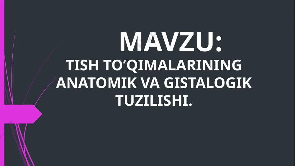 yordamida ifoda etiladi: sut tishlari: 55 54 53 52 51/61 62 63 64 65 85 84 83 82 81/71 72 73 74 75 anatomik shakliga ko'ra sut tishlari doimiy tishlarga yaqin bo'ladi. ularning rangi ko'kimtir - oq bo'ladi. sut tishlarning ildizlari kalta, tish bo'shlig'i esa keng bo'ladi. doimiy tishlar (dentes permanentes) soni 28-32 ta, doimiy prikusda kesuv tishlari, qoziq tishlar, premolar va molar tishlar mavjud. doimiy tishlarning anatomik formulasi 3212/2123. klinik formula: 87654321/12345678 voz bo'yicha tishlarning klinik formulasi indekslar yordamida ifoda etiladi: doimiy tishlar: 18 17 16 15 14 13 12 11/21 22 23 24 25 26 27 28 48 47 46 45 44 43 42 41/31 32 33 34 35 36 37 38 tishlarning gistologik tuzilishi tish qattiq va yumshoq qismlardan tuzilgan qattiq to'qimalariga : emal, dentin sement yumshoq to'qimalariga pulpa periodont kiradi emal. emal - organizmdagi eng qattiq to'qima. emalning kimyoviy tarkibida xilma-xil moddalar mavjud: 95% anorganik modda, …