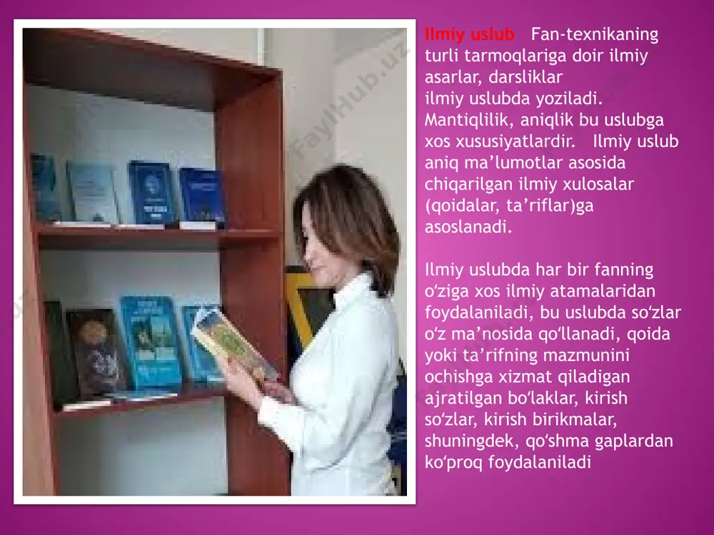 mavjud? 2. ilmiy uslubga xos xususiyatlar qaysilar? 3. ilmiy uslubda bayon etilayotgan matnning sintaktik qurilishi ko`proq nimaga bog`liq bo`ladi? 4. ilmiy uslubda atamalarning qoʻllanilishi va uning xususiyatlari nimaga bog`liq bo`ladi? image2.jpeg image3.jpeg image1.jpeg /docprops/thumbnail.jpeg