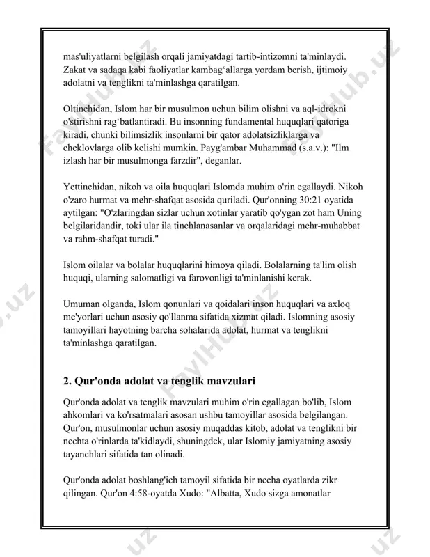 iklash kishi ma'qul sayitlardan biri ekanligini anglatadi. islom huquqlari ko'pincha ushbu tamoyillarni asosy qiladi va qur'onda adolat va tenglikning ko'plab qoidalari mustahkamlangan. bundan tashqari, qur'on ayollarning huquqlari, er va xotin orasidagi muvozanatga oid ko'rsatmalari (masalan, 4:1-oyat) va shuningdek, iqtisodiy masalalarda adolat va tenglikka (masalan, meros huquqlari bo'yicha qur'on 4:7-12) e'tibor qaratish orqali har bir a'zoning ahamiyatini tushuntiradi. qur'onning ushbu ko'rsatmalari musulmonlar hayotida asosiy rol o'ynaydi va ularni jamiyatdagi barcha a'zolar uchun adolat va tenglikka urg'u berishga undaydi. qur'on so'zlari har qanday davrda va har qanday jamiyatda adolat va tenglikni ta'minlash uchun foydalaniladigan asosiy qo'llanma bo'lib kelgan. 3. hadislarda inson huquqlari himoyasi 3. hadislarda inson huquqlari himoyasi mavzusi islom dinida inson huquqlariga katta ahamiyat qaratilganiga dalolat qiladi. hadislar, ya'ni payg'ambarimiz muhammad sallallohu alayhi vasallamning so'zlari va amallari, islomda qonunlar va axloqiy me'yorlar asosidan biridir. ushbu hadislar musulmonlarning hayotiy yo'liyotishda yanglishmasligi va haqli huquqlarini himoya qilishda yordam beradi. hadislarda inson huquqlari himoyasi …
