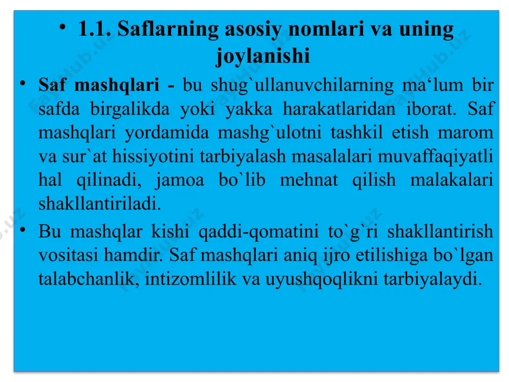 n o'quvchi (talaba). front —shug'ullanuvchilar safining old tomoni (qatorda). ichkari—front teskarisi, ya'ni orqa tomoni, 2-, 3-, 4-qatorlar. qanot —safning chap yoki o'ng tomoni. saf chuqurligi —ketma-ket qatordagi boshlovchidan oxirgi o'quvchi (talaba) orasidagi masofa. saf kengligi— o'ng qanotdan chap qanotgacha bo'lgan masofa (qatorda). masofa —yonma-yon turgan shug'ullanuvchilar orasidagi masofa (ketma-ket qatorda). oraliq —front bo'yicha shug'ullanuvchilar orasidagi masofa. mashg'ulotda safni o'qituvchi va talabalar (guruh sardori, o'quv bo'limlarining boshliqlari va navbatchilar) tovush yoki belgilangan signal bilan beriladigan buymq, topshiriqlar berish orqali tuzadilar. zich saf — talabalarning qatorda bir-biridan kaft kengligidagi (tirsaklar o'rtasi) oralig'ida yoki ketma-ketlarda bir-biridan oldinga uzatilgan qo'l uzunligidagi masofadan iborat safdir. orasi ochiq saf— talabalarning qatorda bir qadam oraliqda yoki o'qituvchi belgilab bergan oraliqda joylanishidan iborat safdir. 1.2. saf usullari saf usullari - turgan joyda ijro etiladigan saf harakatlardan iborat. bu mashqlaming ahamiyati eng avvalo shundan iboratki, ular yordamida intizomlilik va uyushqoqlik tarbiyalanadi. 1. «saflaning!» - bu buyraqqa ko`ra shug`ullanuvchilar safga …