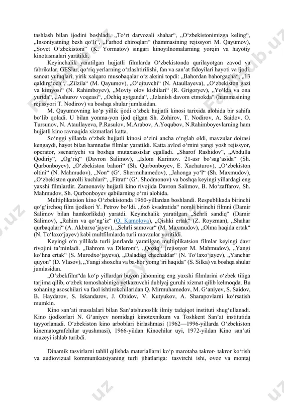 v) filmi xalq ertaklari asosida yaratiladigan filmlar chegarasini „buzib“ oʻtgan holda tarixiy filmlar yaratishga asos soldi, milliy ruhdagi ifodali oʻyin imkoniyatlarining naqadar kengligini his etishga imkon berdi. keyinroq yaratilgan „alisher navoiy“ (1947, rejissyor k. yormatov) filmining yaratilishiga „tohir va zuhra“ kinosi muhim poydevor boʻlib xizmat qildi. shuningdek, „boy ila xizmatchi“, „qutlugʻ qon“ (1953, 1957, rejissyor l. fayziyev), „shohi soʻzana“ (1954, a. beknazarov) kabi badiiy asarlar ekranlashtirildi. oʻzbek kinosida yoshlarda zamon talablariga yangicha qarash shakllandi, eski qolip va taxminlardan uzoqlashdilar, dunyoga shoirona nazar tashlash imkoniyatlari namoyon boʻldi. shu bilan birga hayot faqat sevish, xursandchilik qilish, qahvaxonalarda raqsga tushish, chiroyli kiyinishdan iborat deb bilgan shaharlik yigit va qizlar uchun tarbiyaviy ahamiyatga ega boʻlgan filmlar ham oʻzbek ekran sanʼatiga yangi bir sahifa boʻlib kirib keldi. bu, ayniqsa, rejissyor e. eshmuhamedov ijodida („nafosat“ (1966), „sevishganlar“ (1969) va boshqalar) yaqqol koʻzga tashlandi. „maftuningman“ (1958, y. aʼzamov), „mahallada duv-duv gap“, „sen yetim emassan“, „qalbingda quyosh“, „toshkent …